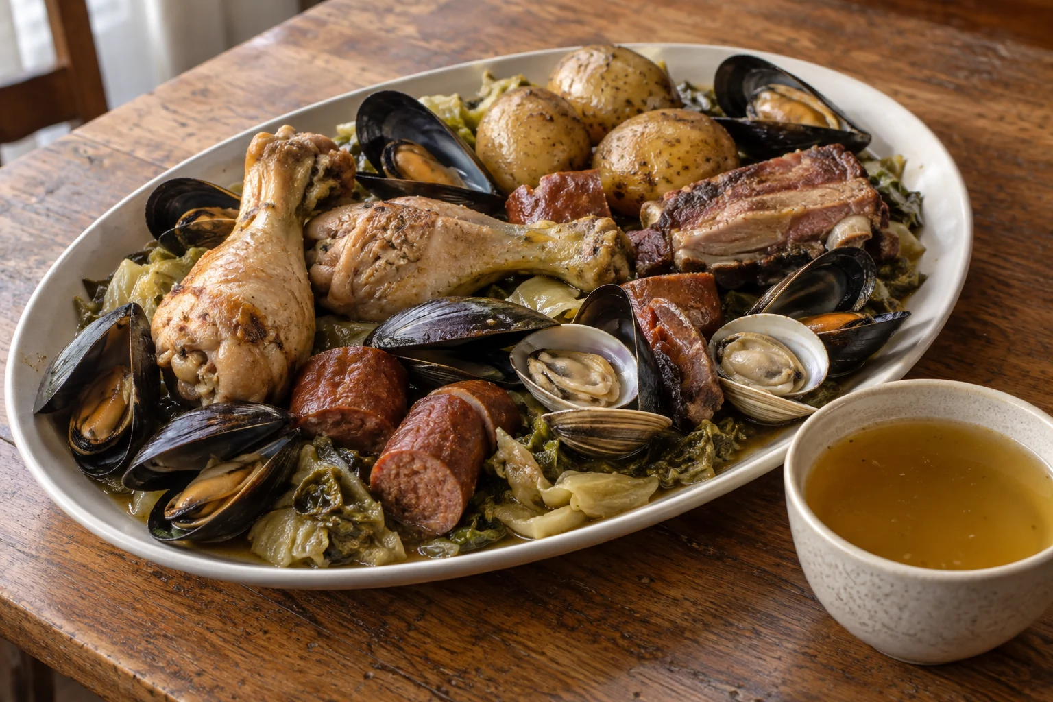 Pulmay with mussels, clams, chicken, pork, sausage and potatoes beside a cup of cooking broth