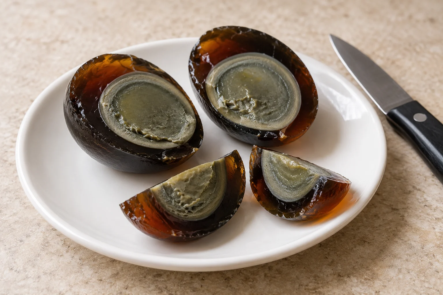Peeled century egg halves and wedges with dark amber gel and gray-green yolks