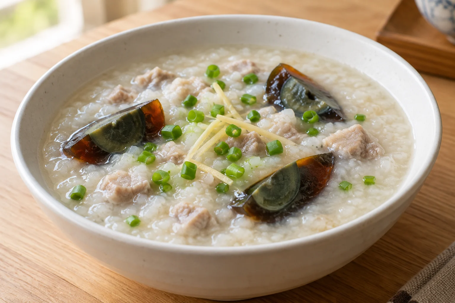 Ivory rice congee with cooked pork, dark preserved-egg wedges, ginger and scallions