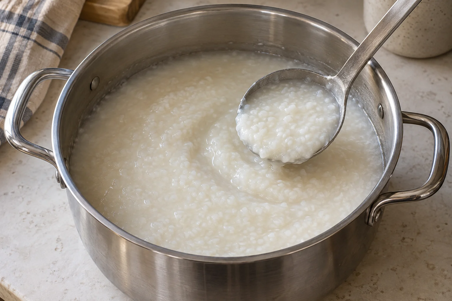 Soft broken-down white rice porridge in a steel pot and ladle before additions