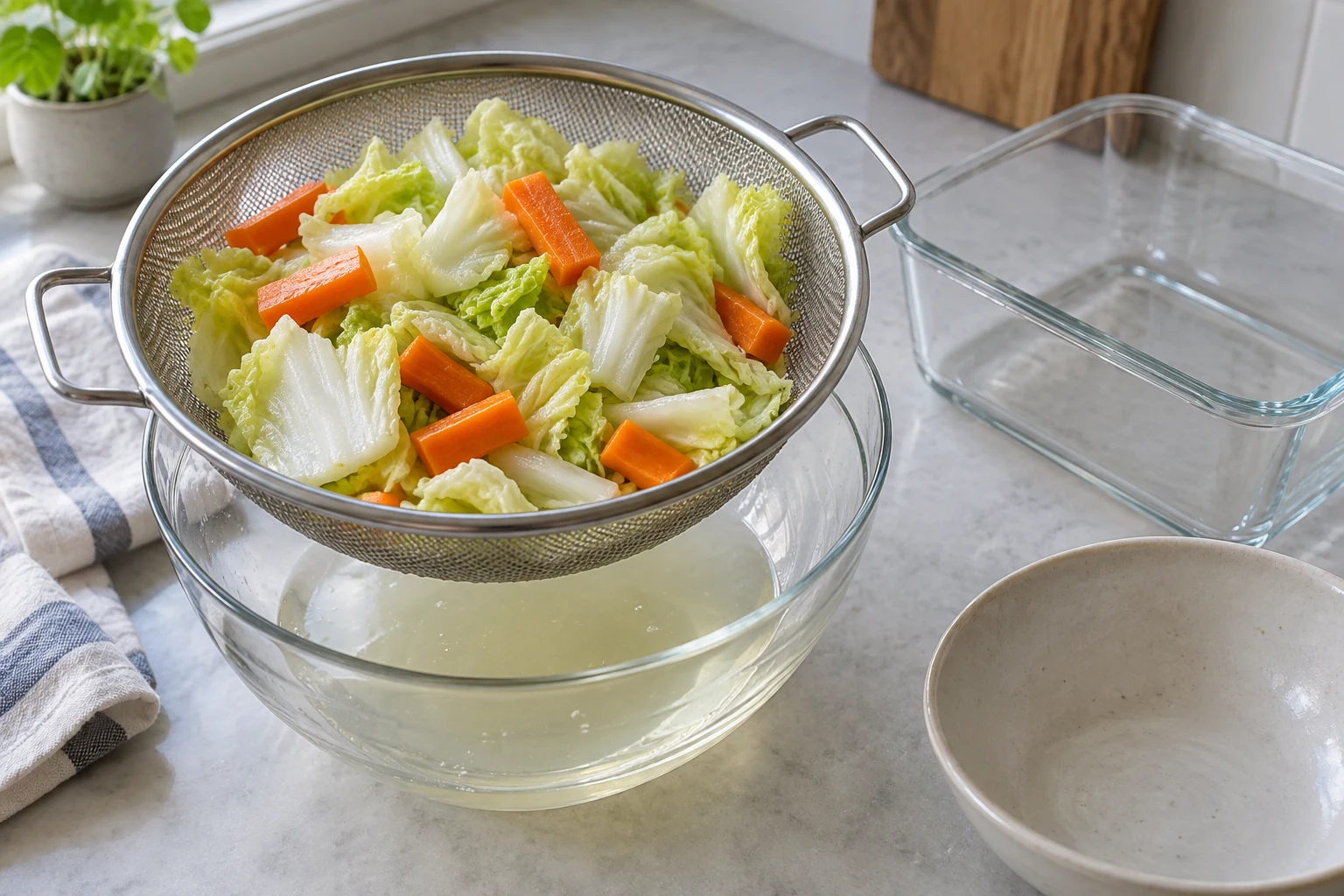 Torn cabbage and carrot pieces draining in a sieve above the liquid released during salting
