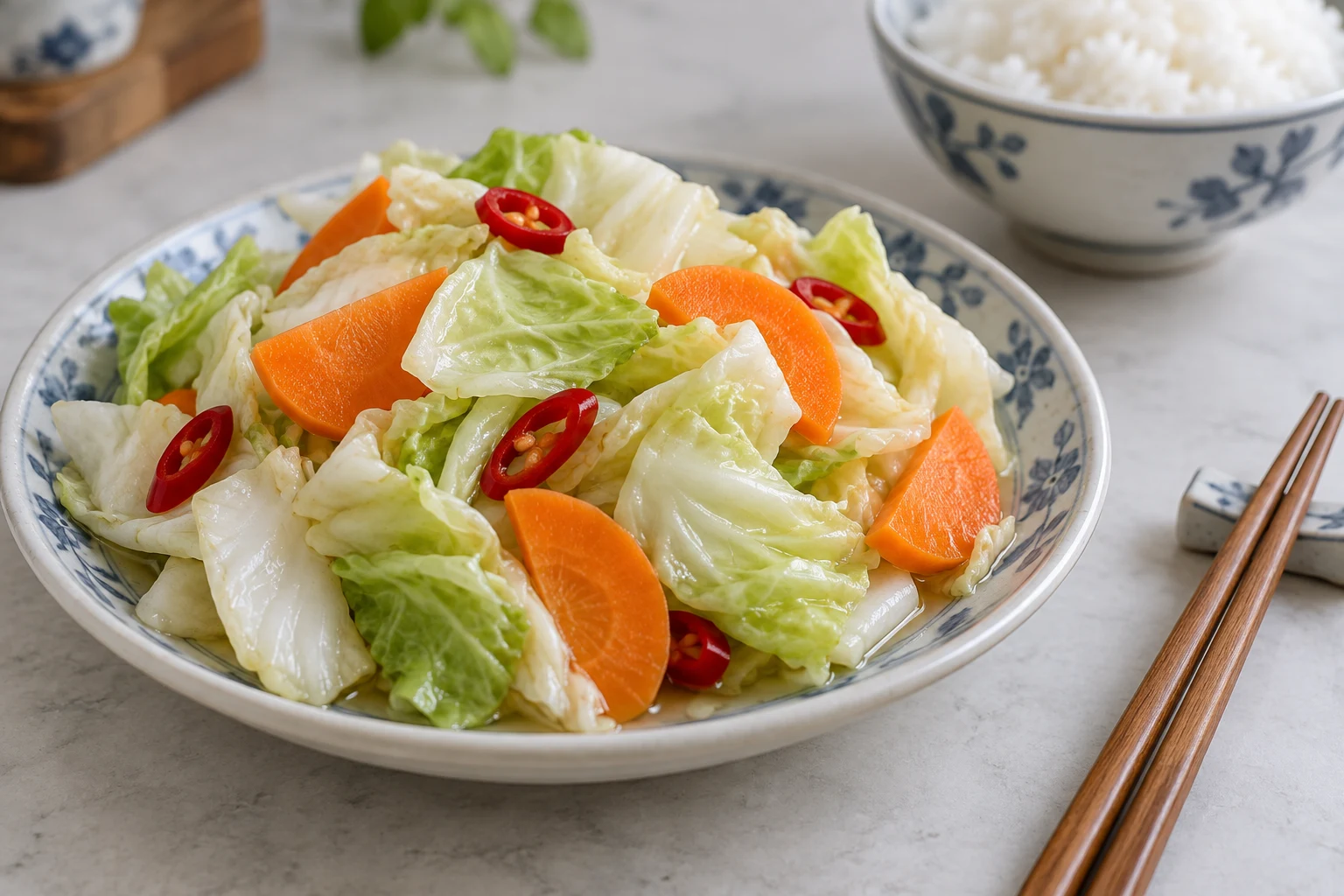 Pale torn cabbage and orange carrot pieces with red chili in a small Chinese pickle appetizer dish