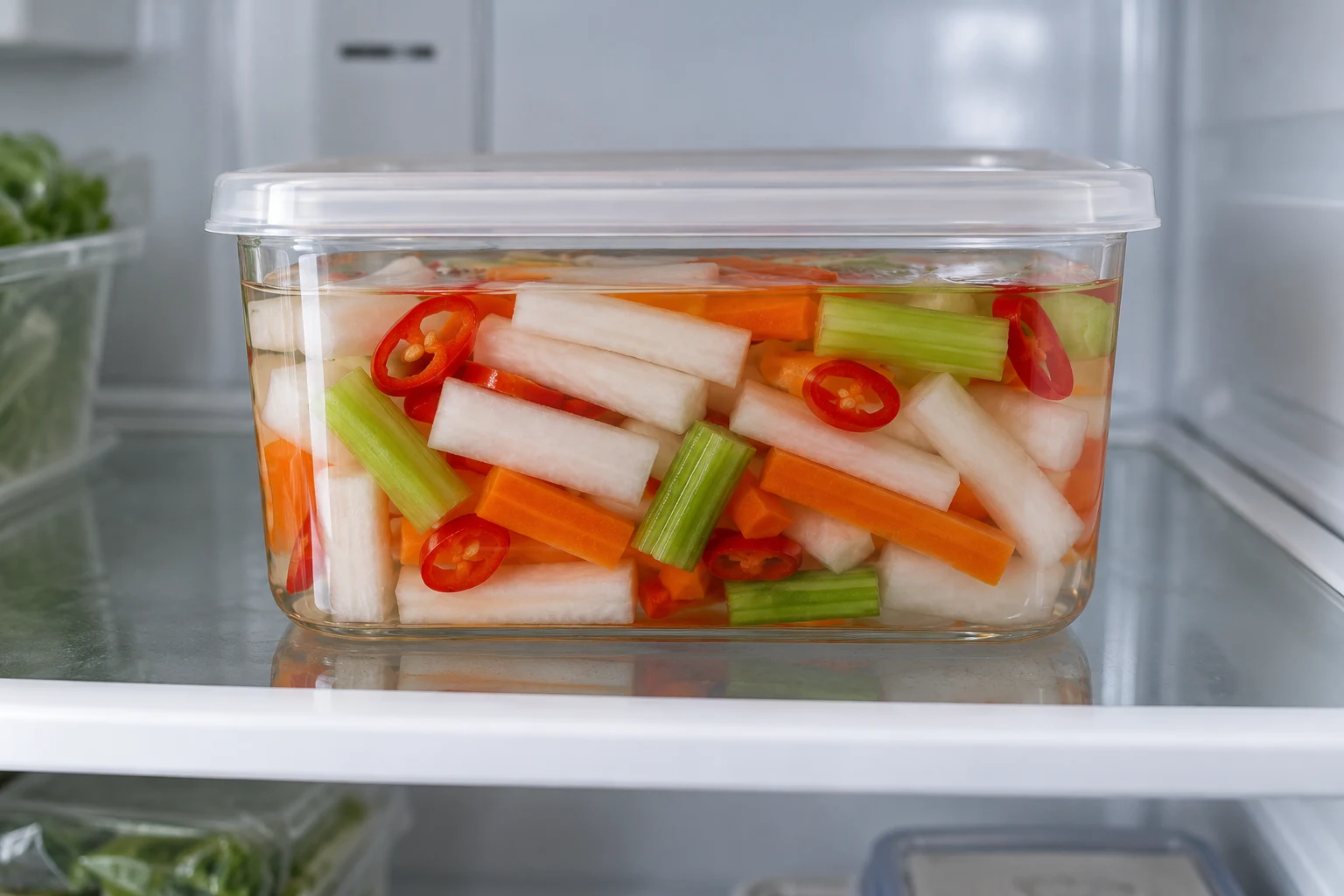 Daikon, carrot, celery and chili submerged in clear liquid inside a covered refrigerator container