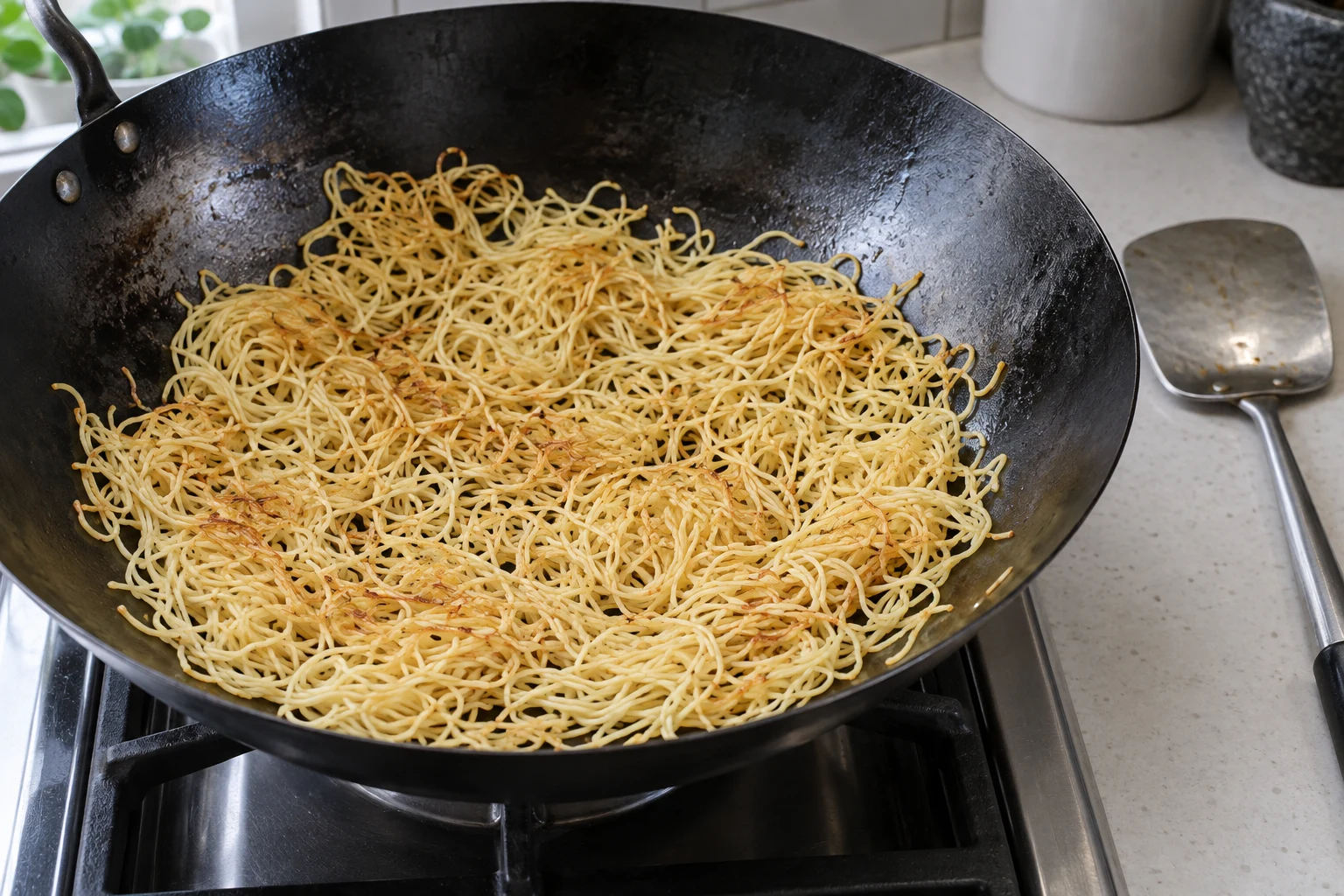 Thin egg noodles beginning to brown in a shallow layer inside a dark wok