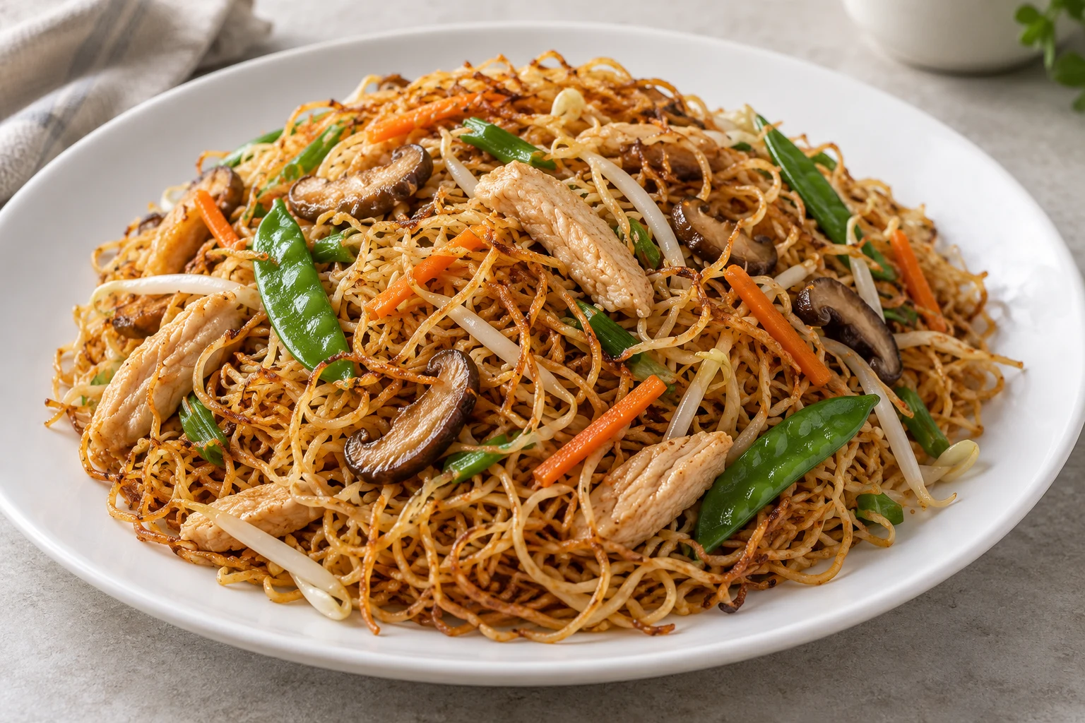Thin browned egg noodles with cooked chicken strips, carrot, mushrooms, snap peas, bean sprouts and scallions