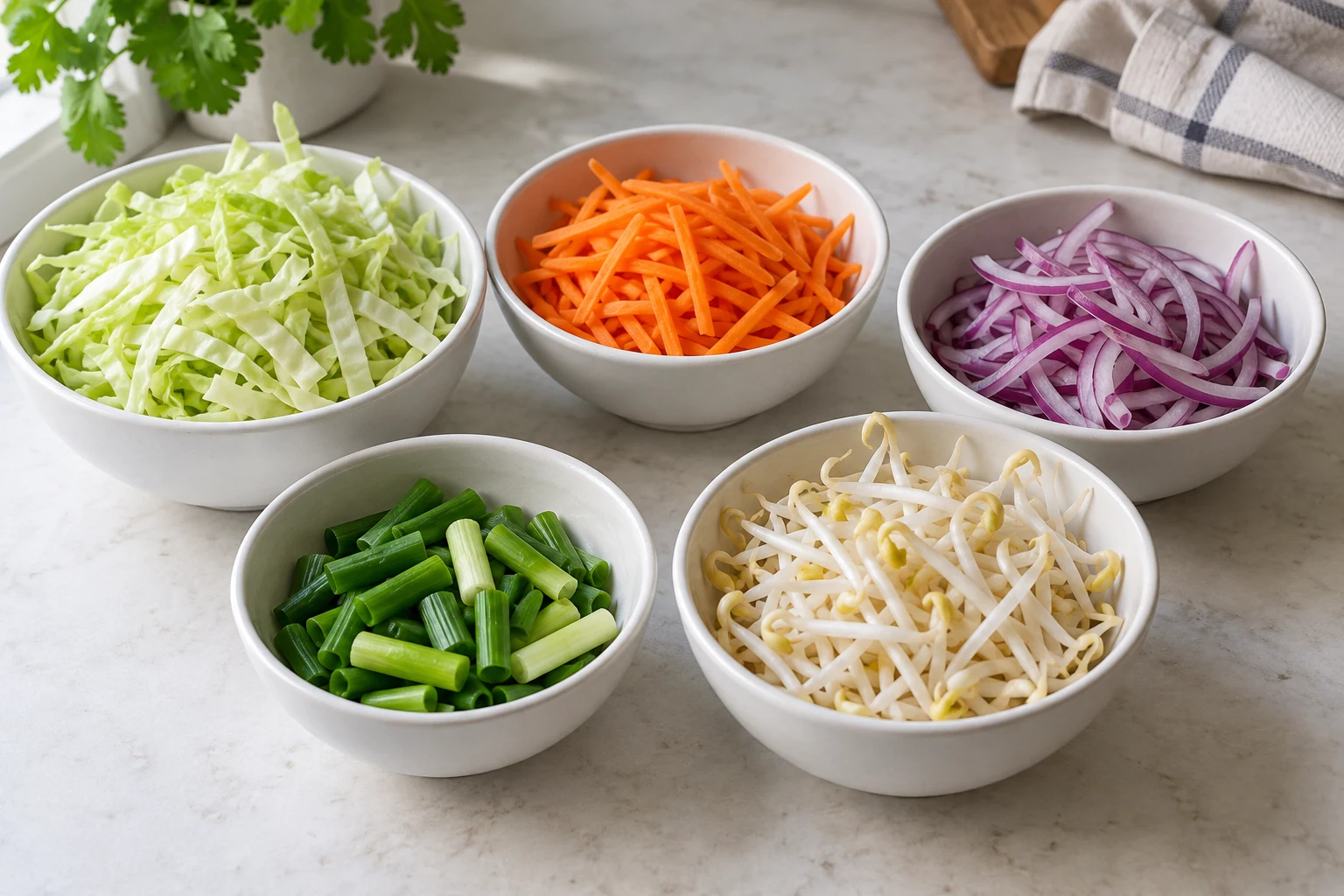 Separate bowls of cabbage ribbons, carrot matchsticks, red onion strips, scallion segments and bean sprouts