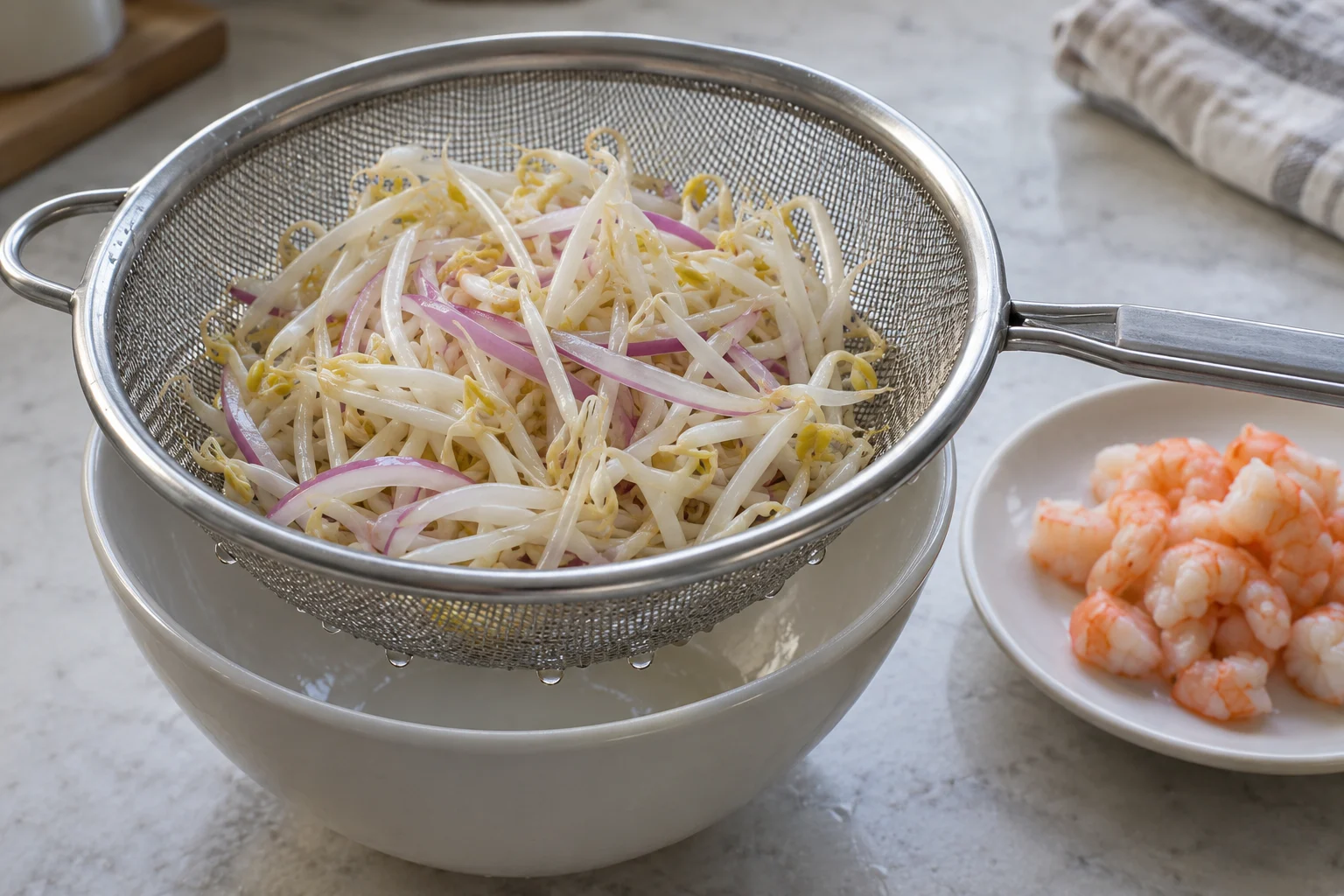 Blanched mung bean sprouts and red onion draining in a sieve beside cooked shrimp