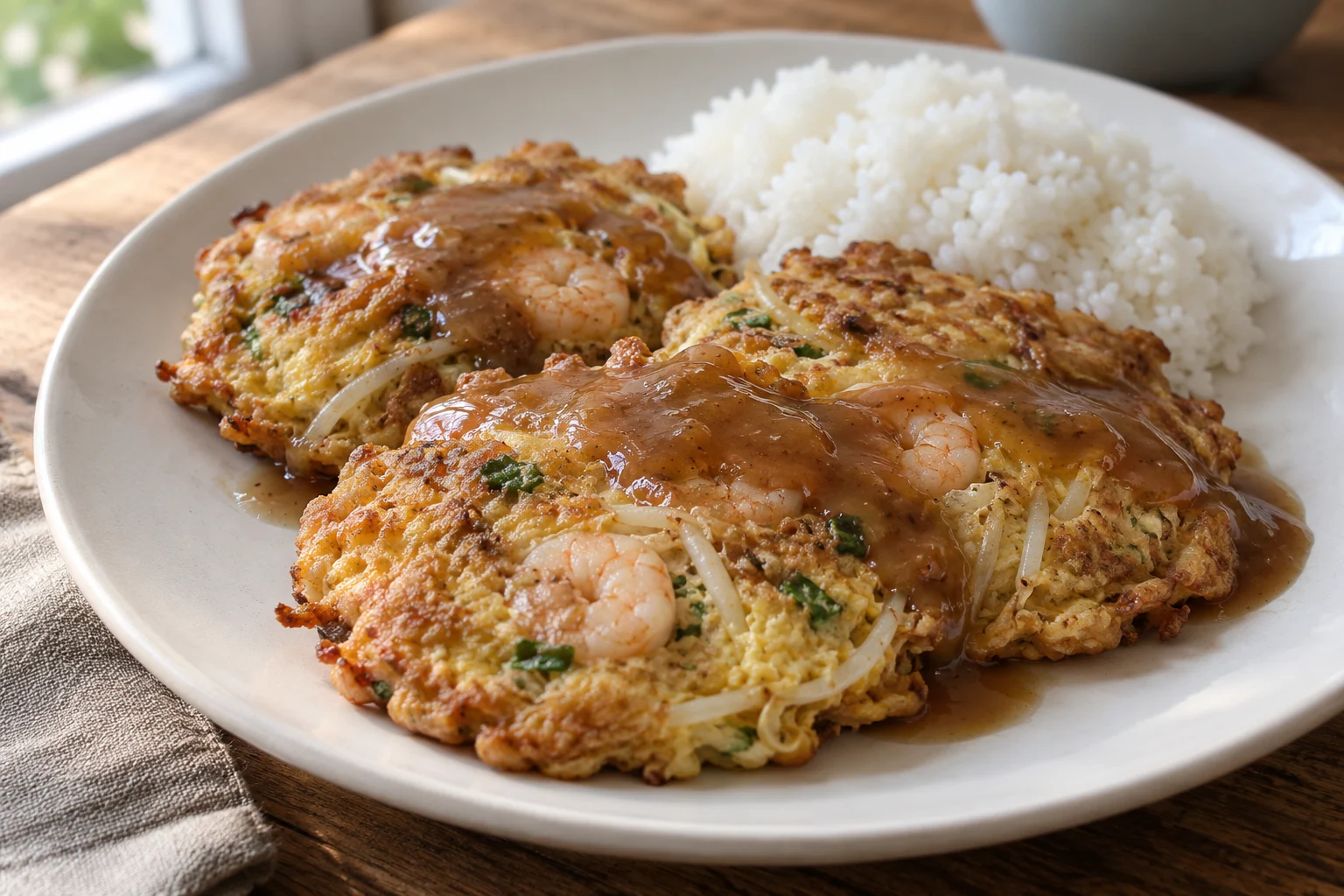 Three golden shrimp and sprout omelettes with brown gravy and white rice