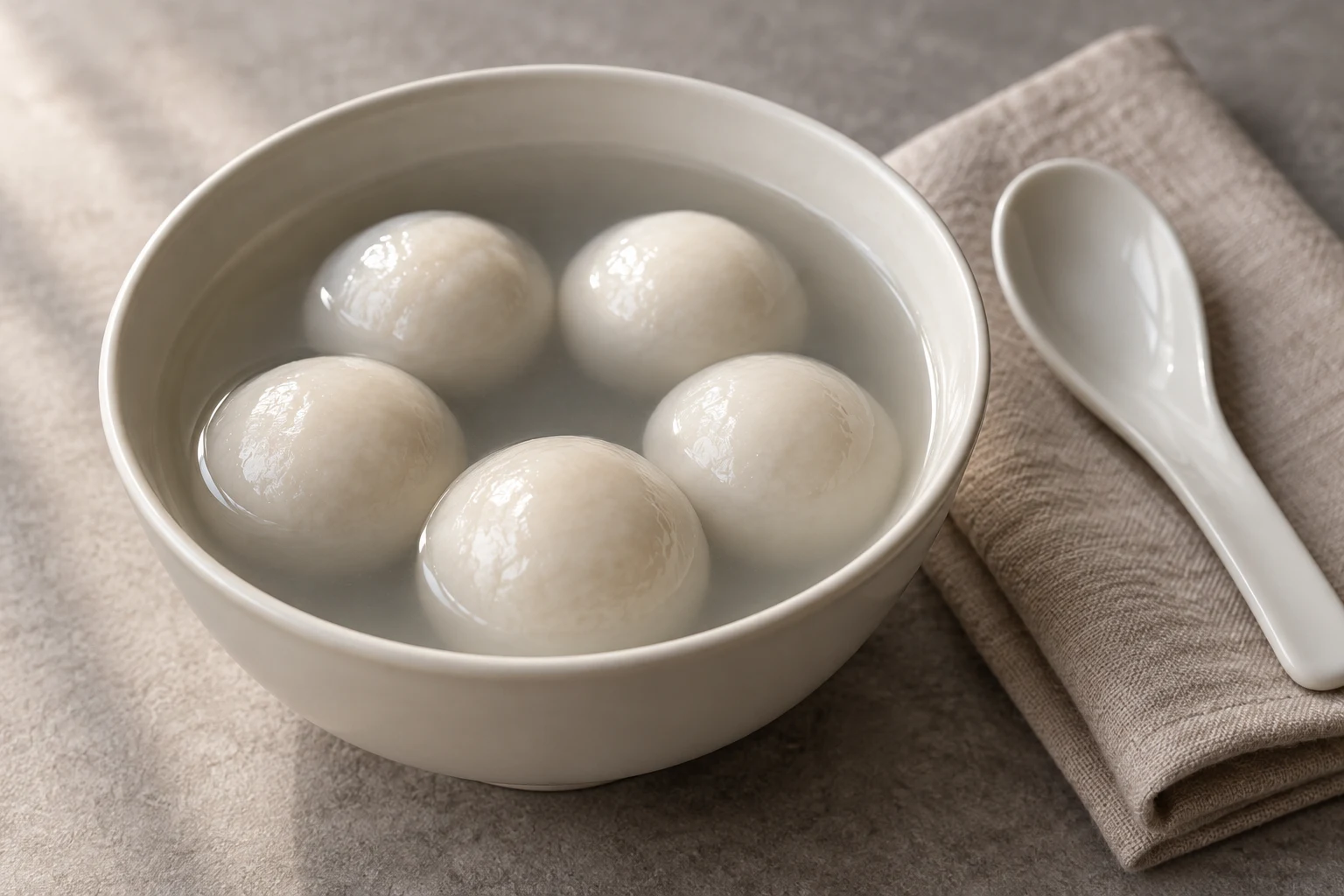 Five smooth white tangyuan in plain cooking water, with a porcelain soup spoon beside the bowl