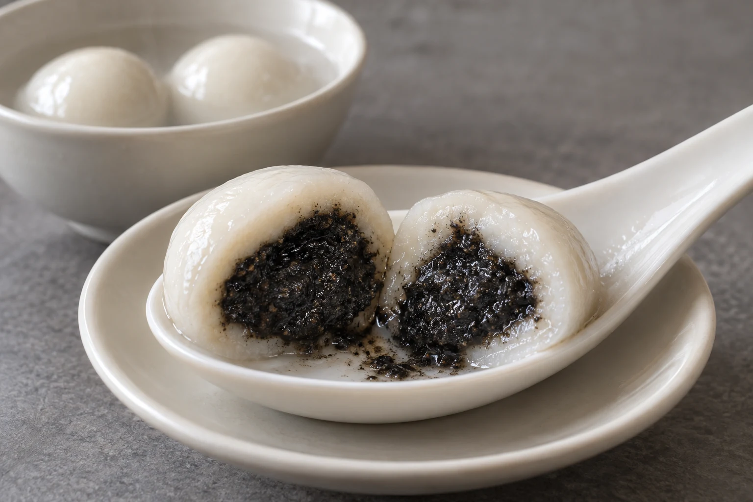 A cooked tangyuan cut in half on a porcelain spoon, showing dark sesame paste enclosed by a tender white wrapper