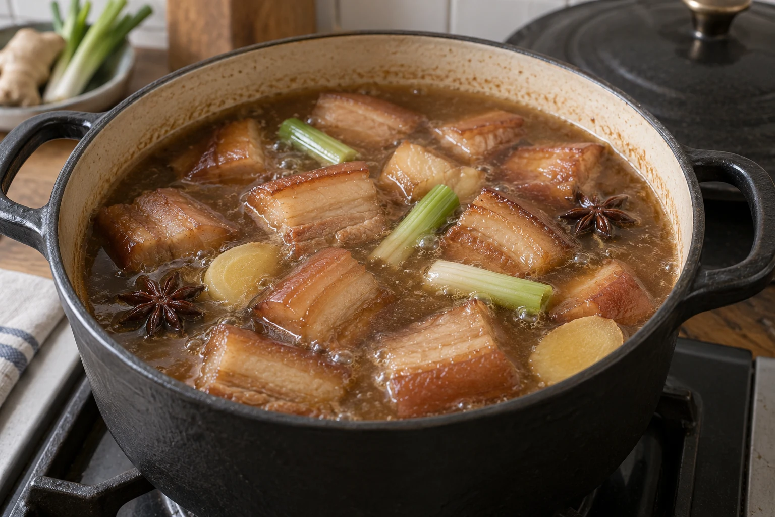Pork belly pieces simmering in abundant brown braising liquid with ginger, scallions and star anise