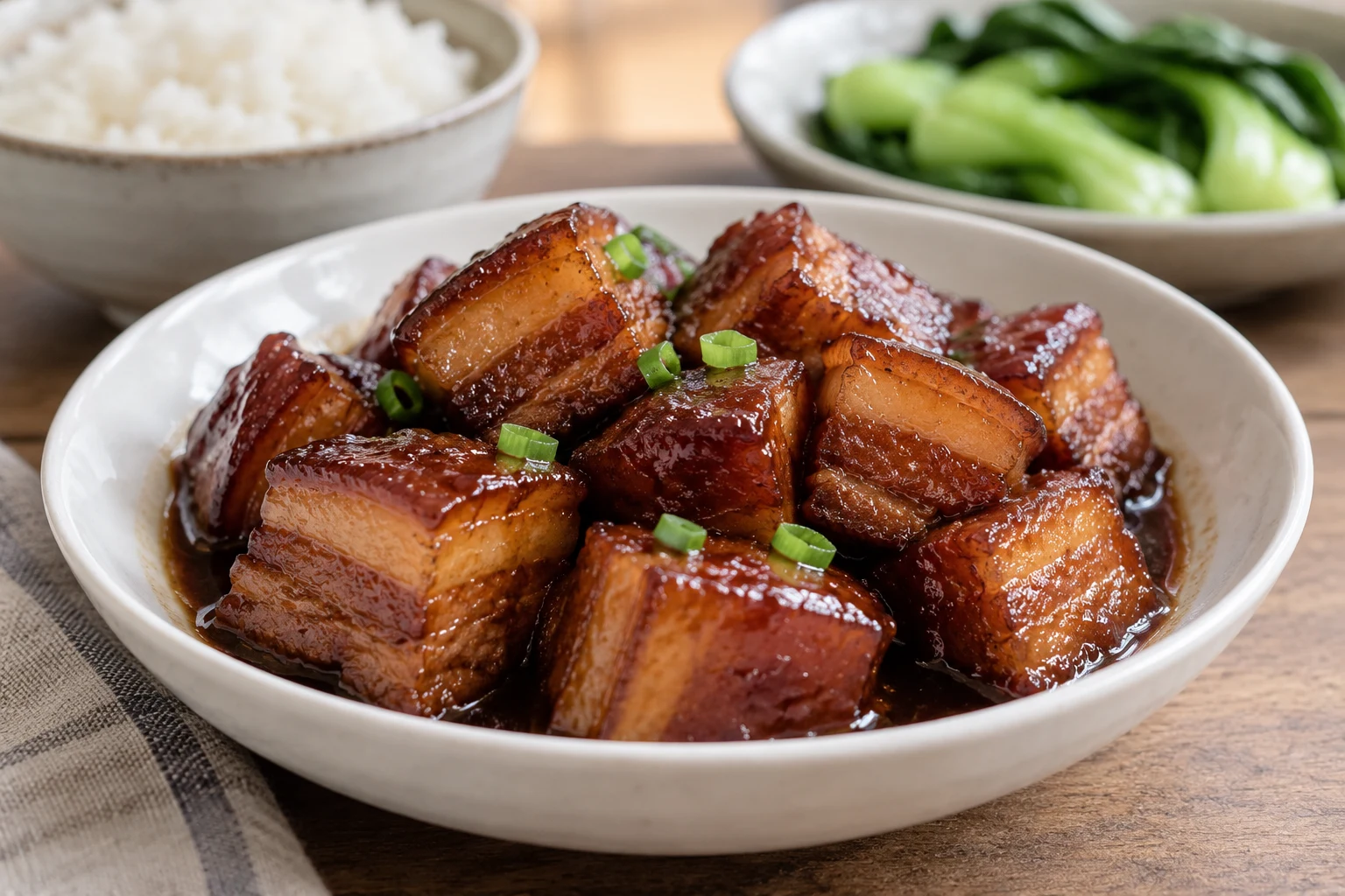 Glossy brown red-braised pork belly cubes with visible lean and fat layers beside rice and greens