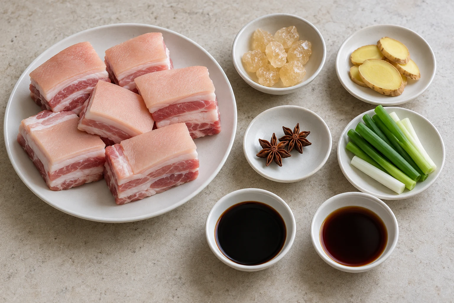 Raw skin-on pork belly pieces beside rock sugar, ginger, star anise, scallions and two bowls of soy sauce