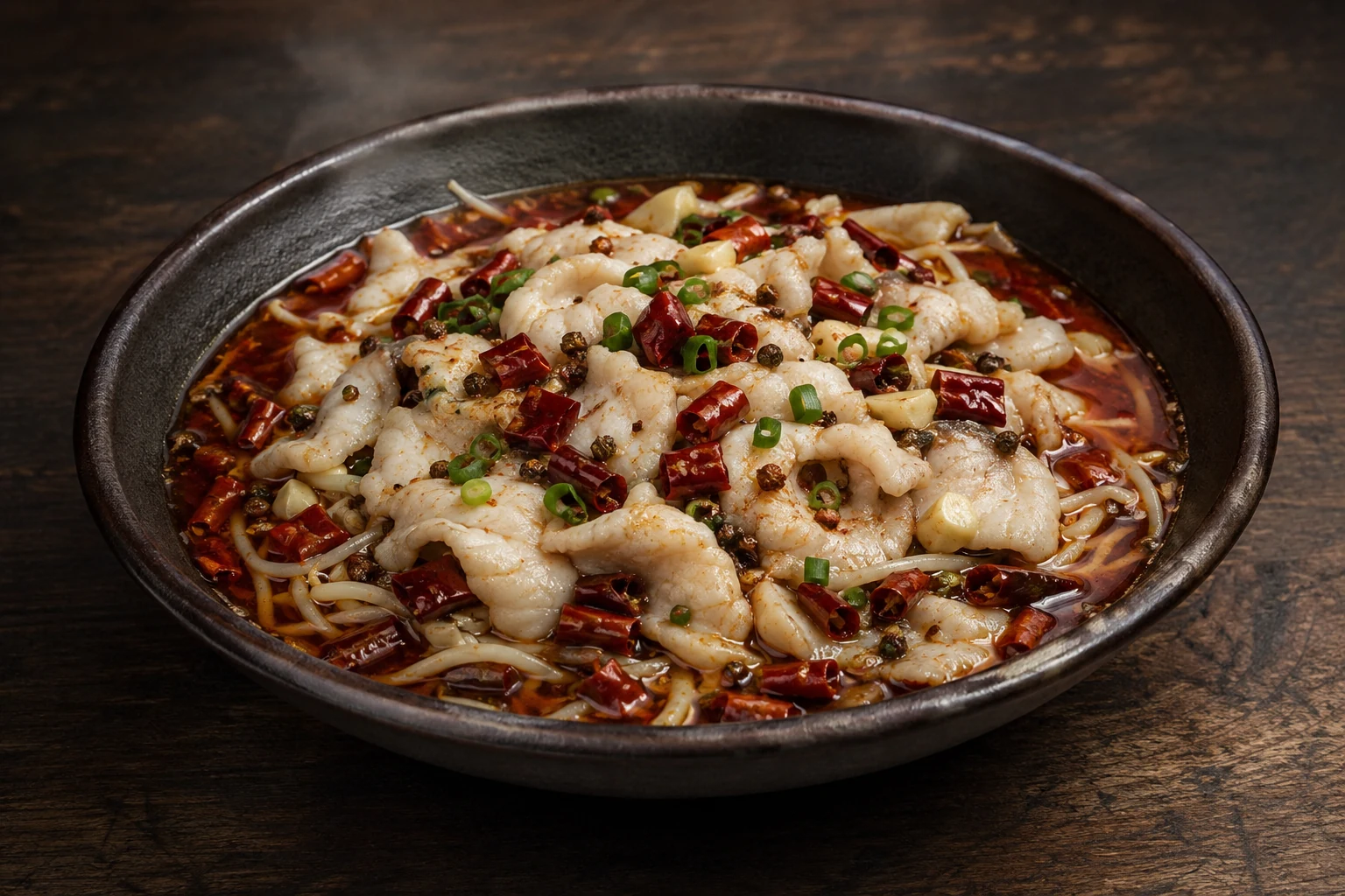 Sichuan water-boiled fish with dried chiles, Sichuan pepper, and scallions in a dark bowl