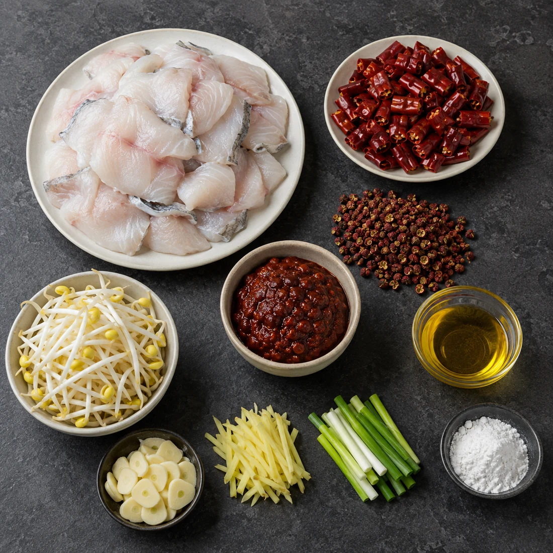 White fish, dried chiles, Sichuan pepper, doubanjiang, bean sprouts, aromatics, starch, and oil arranged overhead