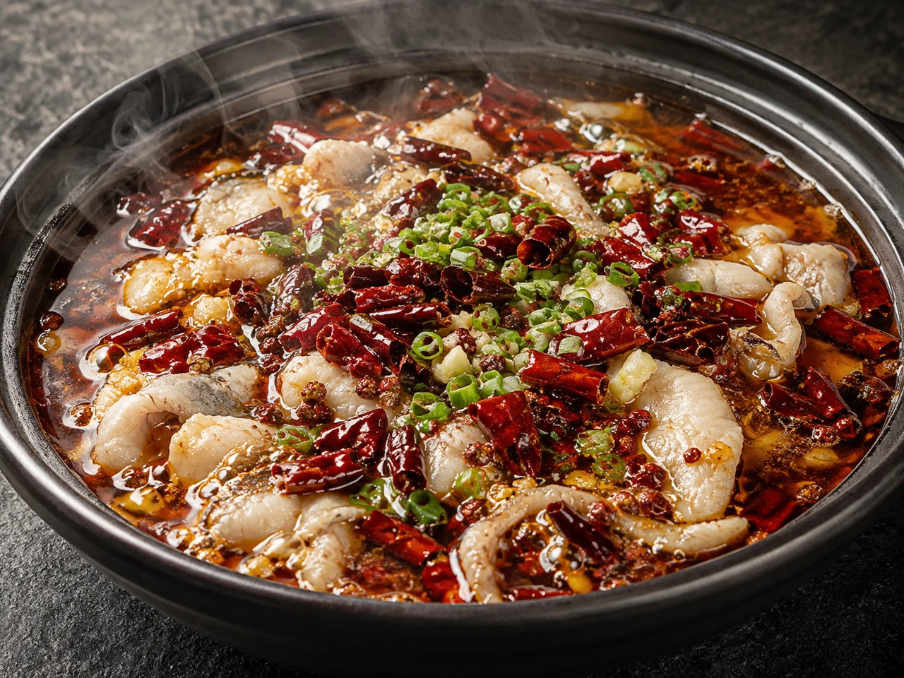 Steam rising from cooked fish as hot oil blooms dried chiles, Sichuan pepper, garlic, and scallions