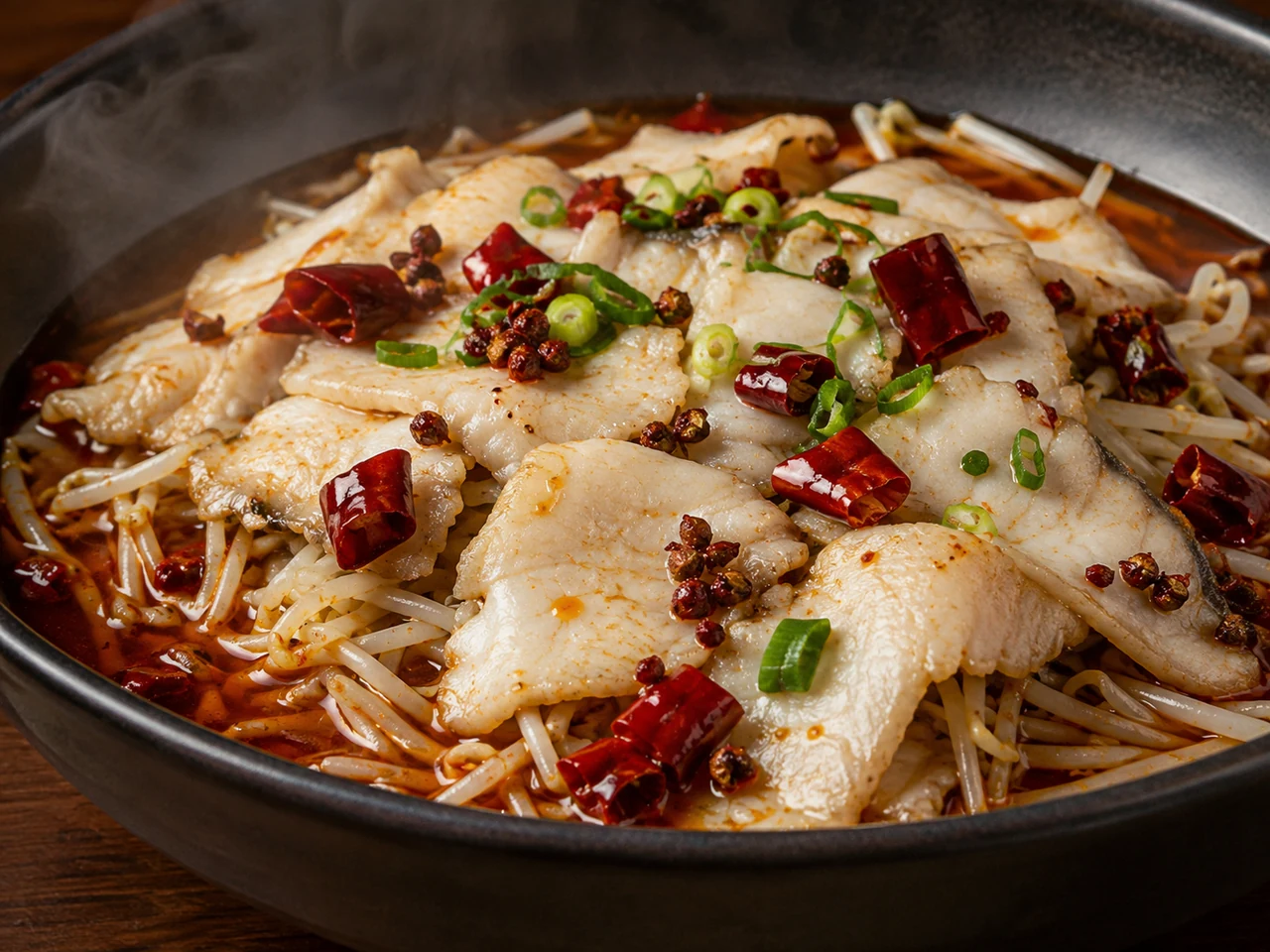 Close view of opaque white-fish slices over bean sprouts with dried chile and Sichuan pepper