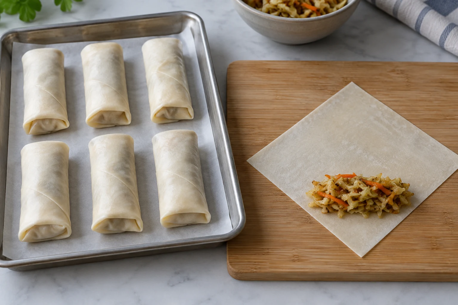 Neatly closed pale unfried spring rolls on a tray beside a diamond-shaped wrapper with a small line of vegetable filling near its lower corner