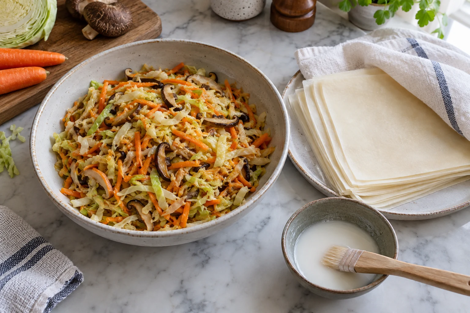 Cooked shredded cabbage, carrot and mushrooms in a shallow dish beside thin square wrappers, a cloth and white sealing mixture