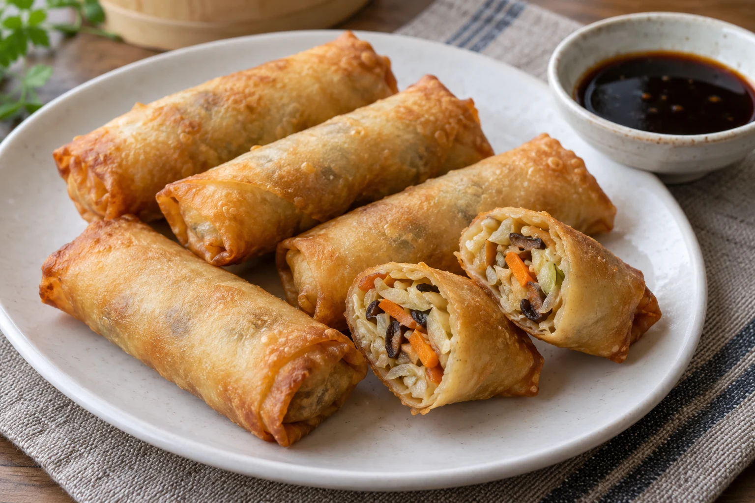 Golden fried spring rolls with thin wheat pastry shells, one cut open to show cooked cabbage, carrot and mushroom, beside dark dipping sauce