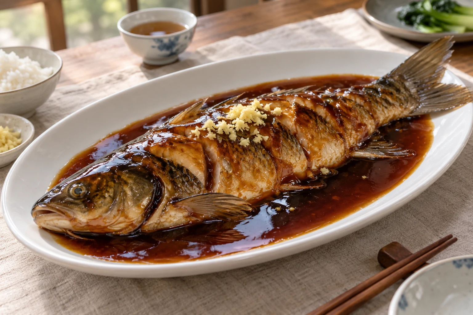 Whole cooked carp on an oval platter coated with glossy reddish-brown vinegar sauce and minced ginger.