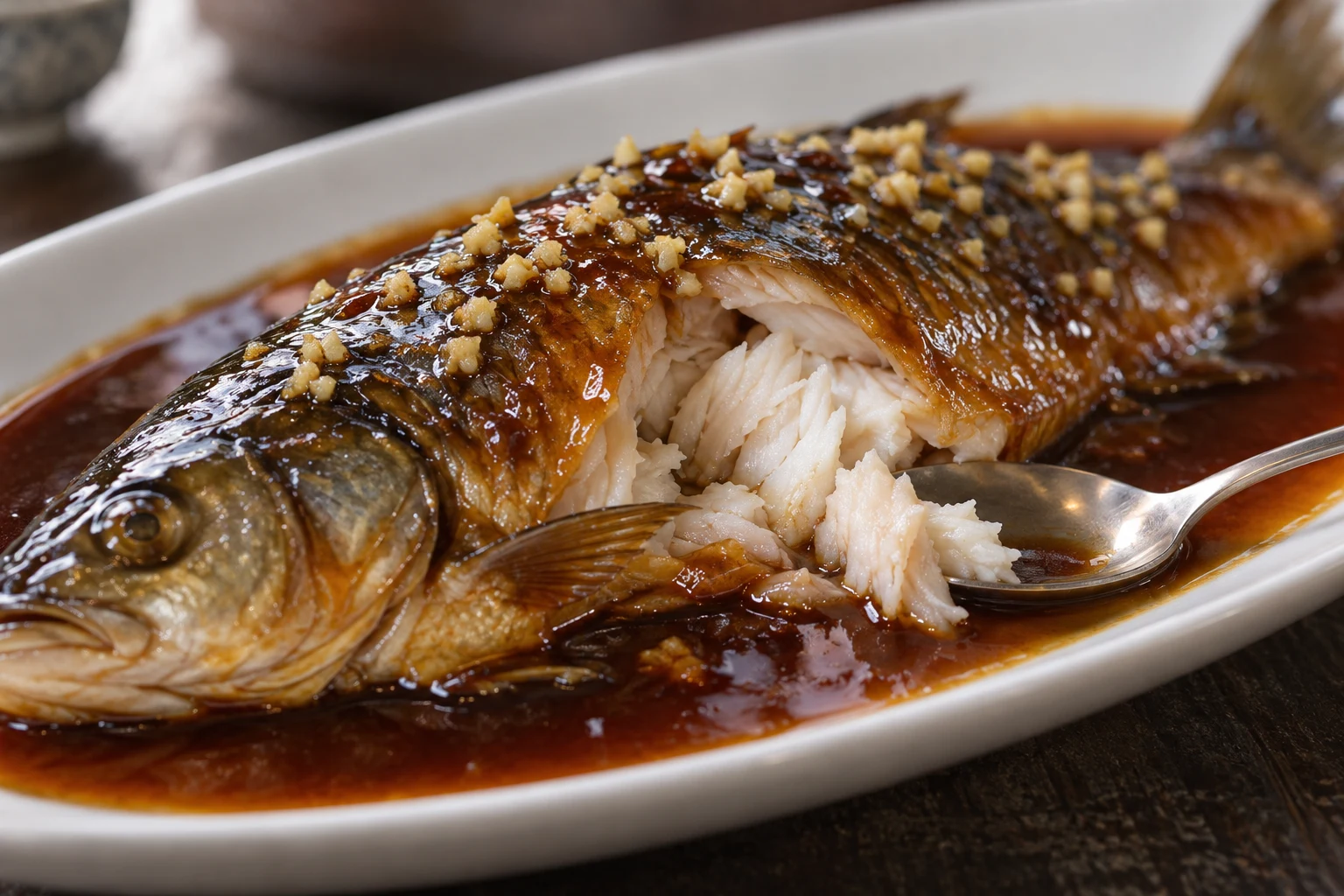A portion opened in a glazed whole fish reveals opaque white flakes beside a serving spoon.