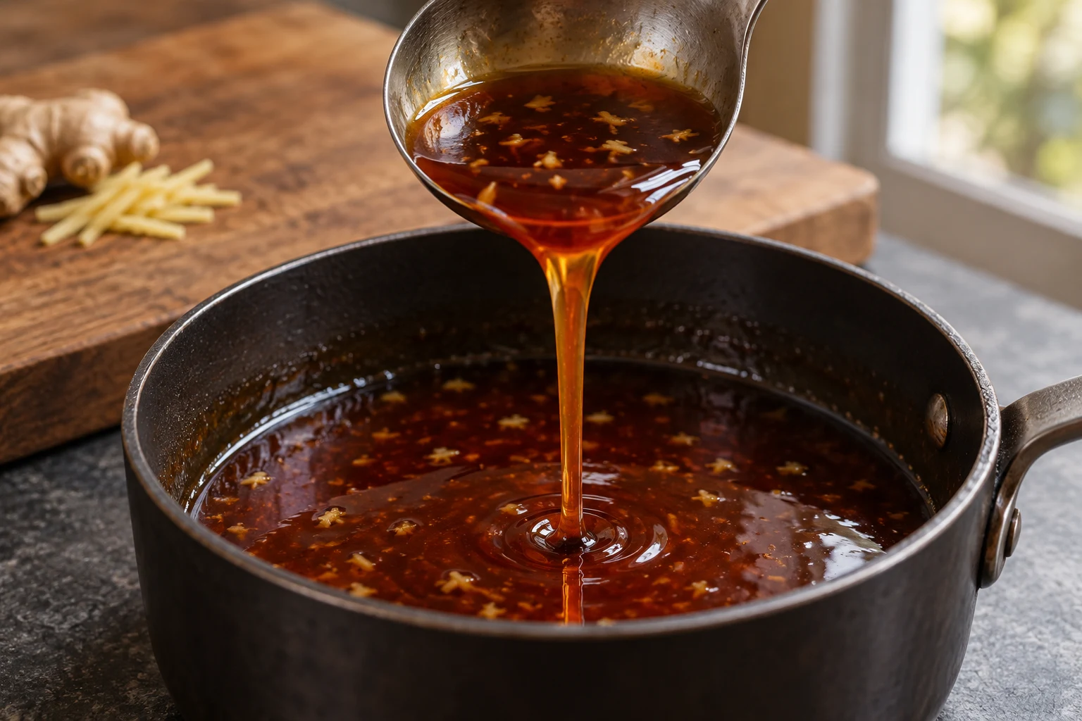 A ladle releases a ribbon of reddish-brown ginger-flecked sauce into a saucepan.