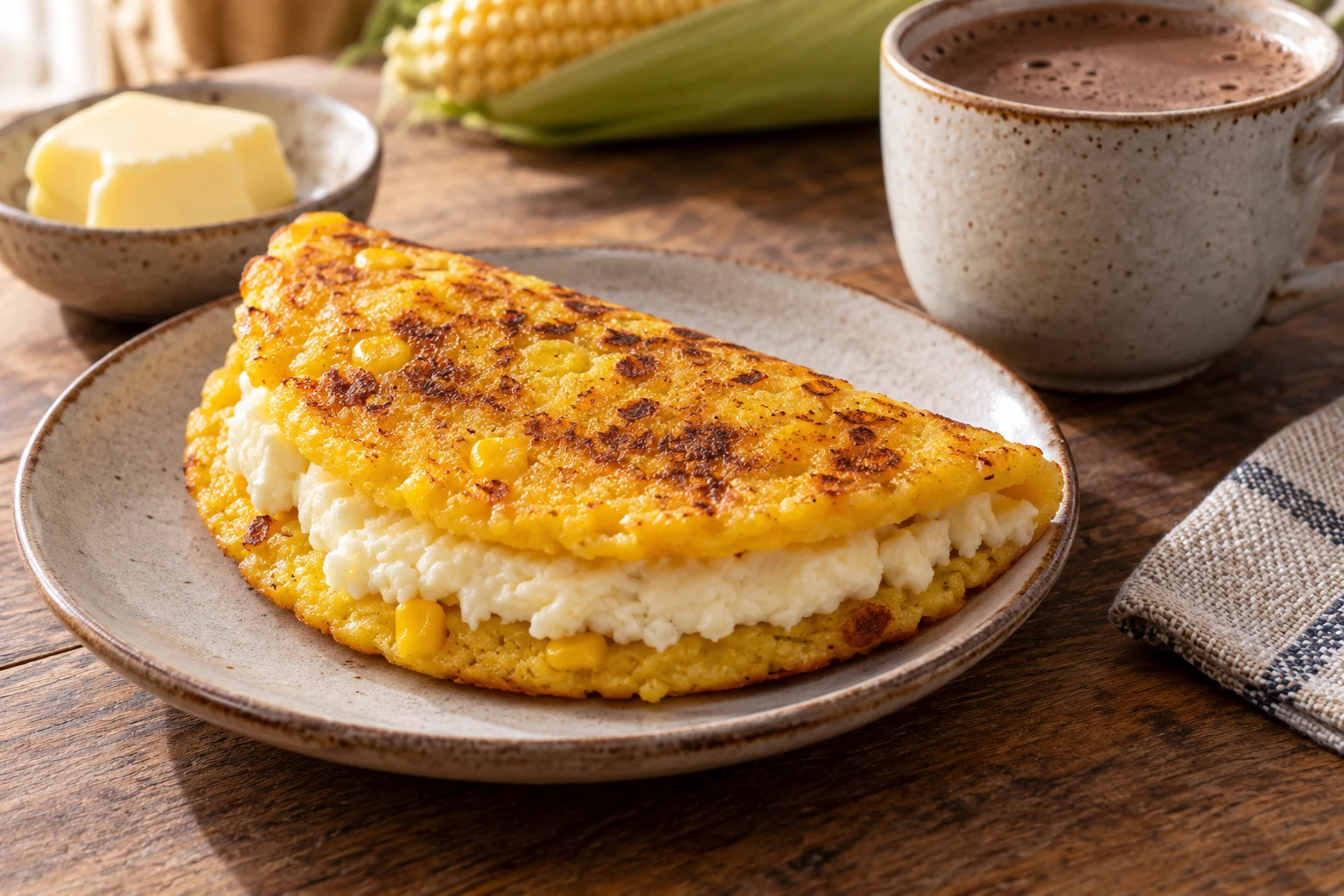 Golden yellow sweet corn arepa with soft white cheese and a cup of hot chocolate