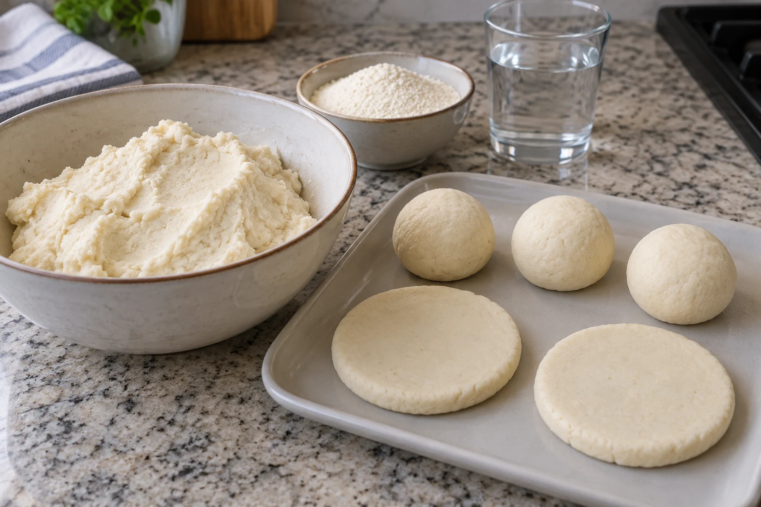 Pale corn dough in a bowl beside dough balls and flattened uncooked arepa discs