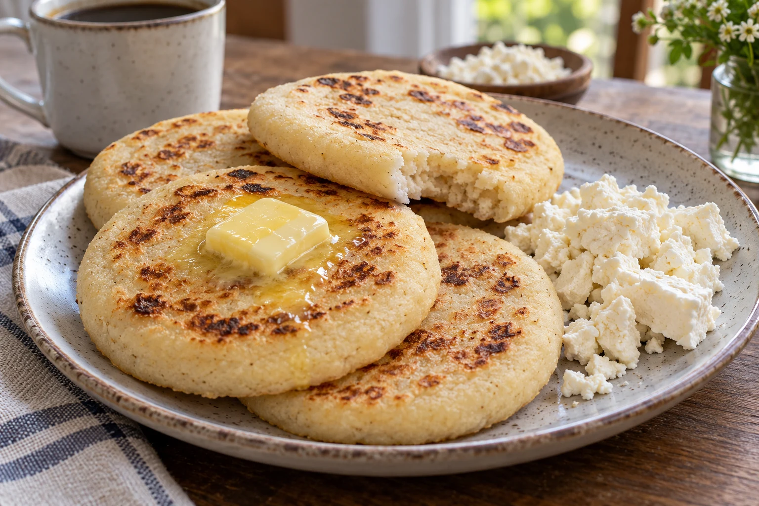 Flat white corn arepas with browned griddle patches, butter and fresh white cheese