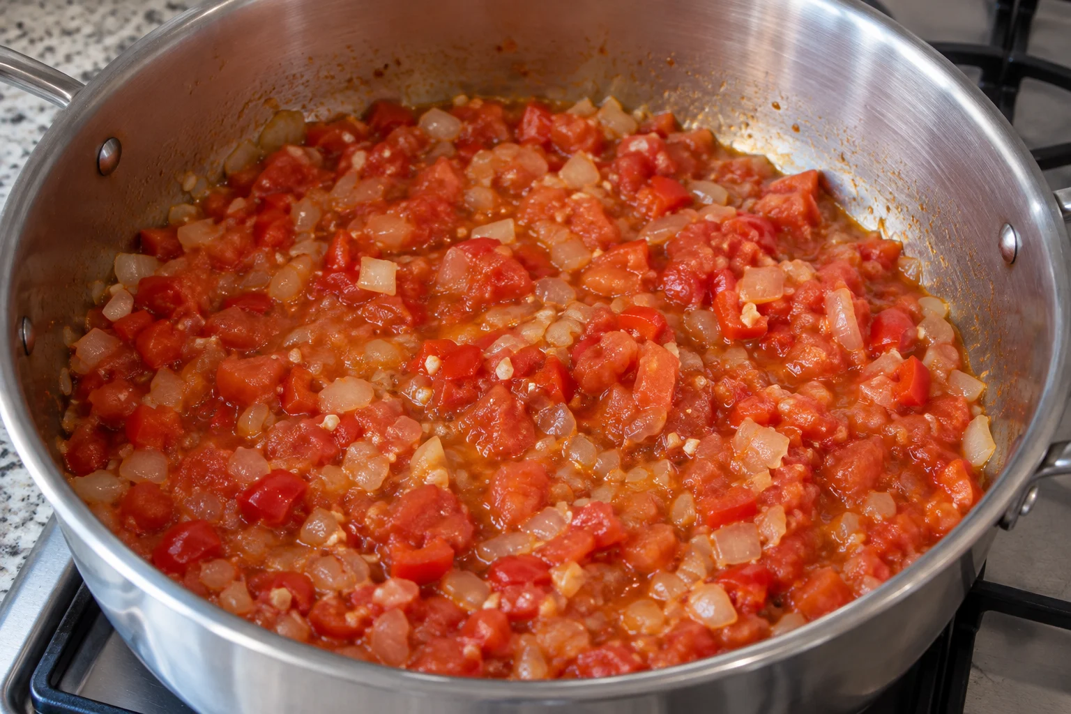 Chopped tomato, softened onion and red pepper cooking in a saucepan before chicken is added
