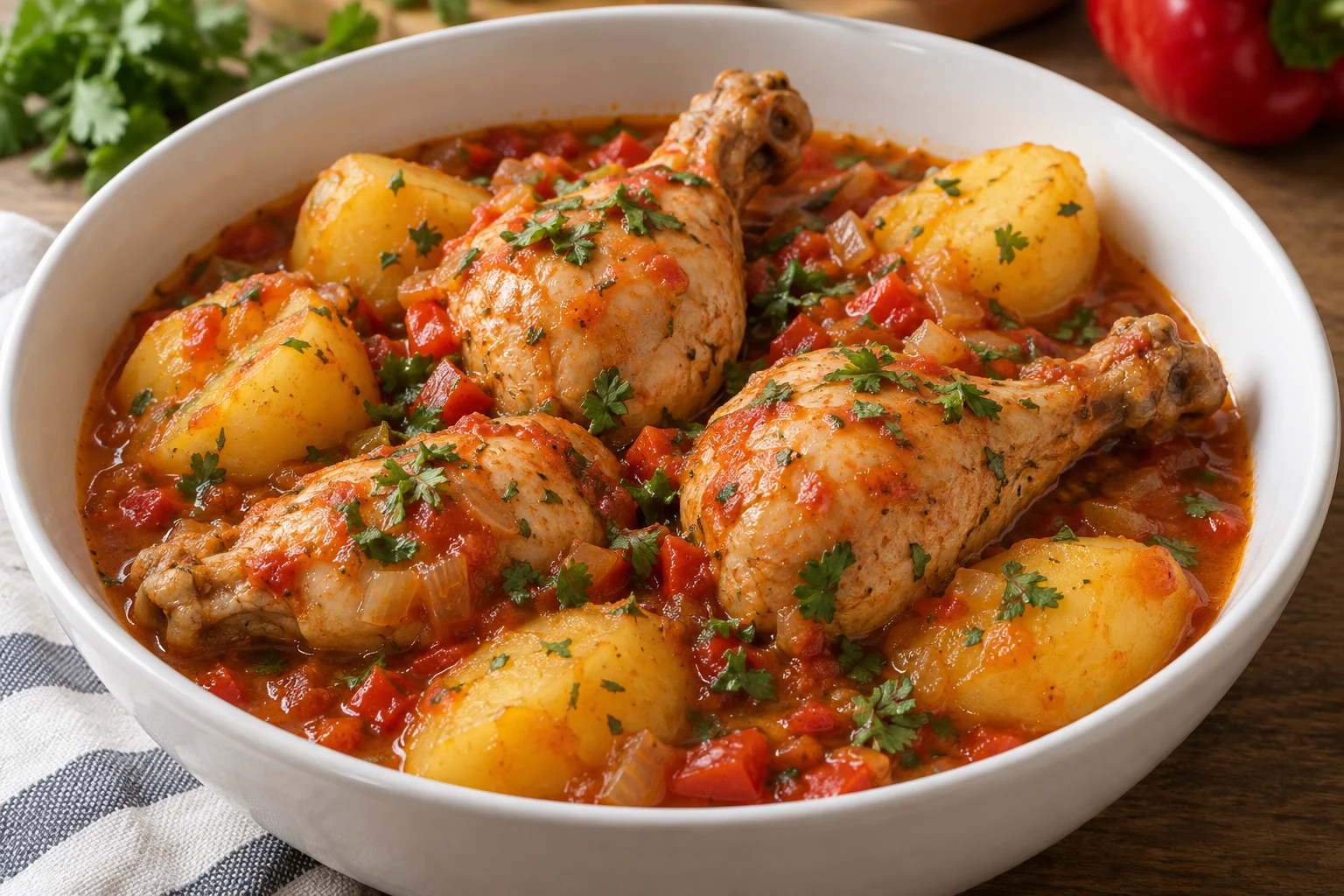 Skinless chicken drumsticks and peeled potato pieces in an orange-red tomato sauce
