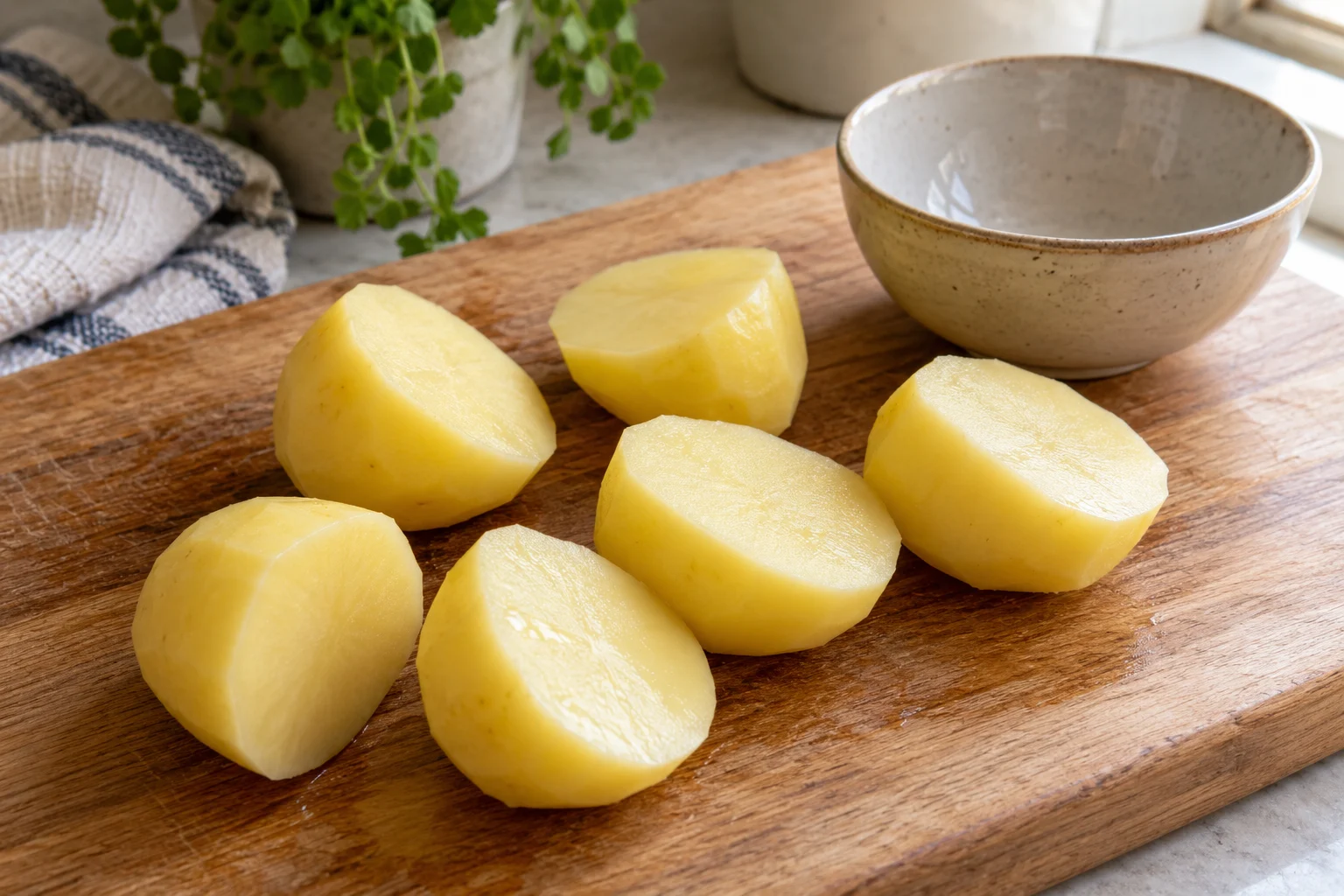 Peeled raw yellow potatoes cut into chunky halves on a wooden board
