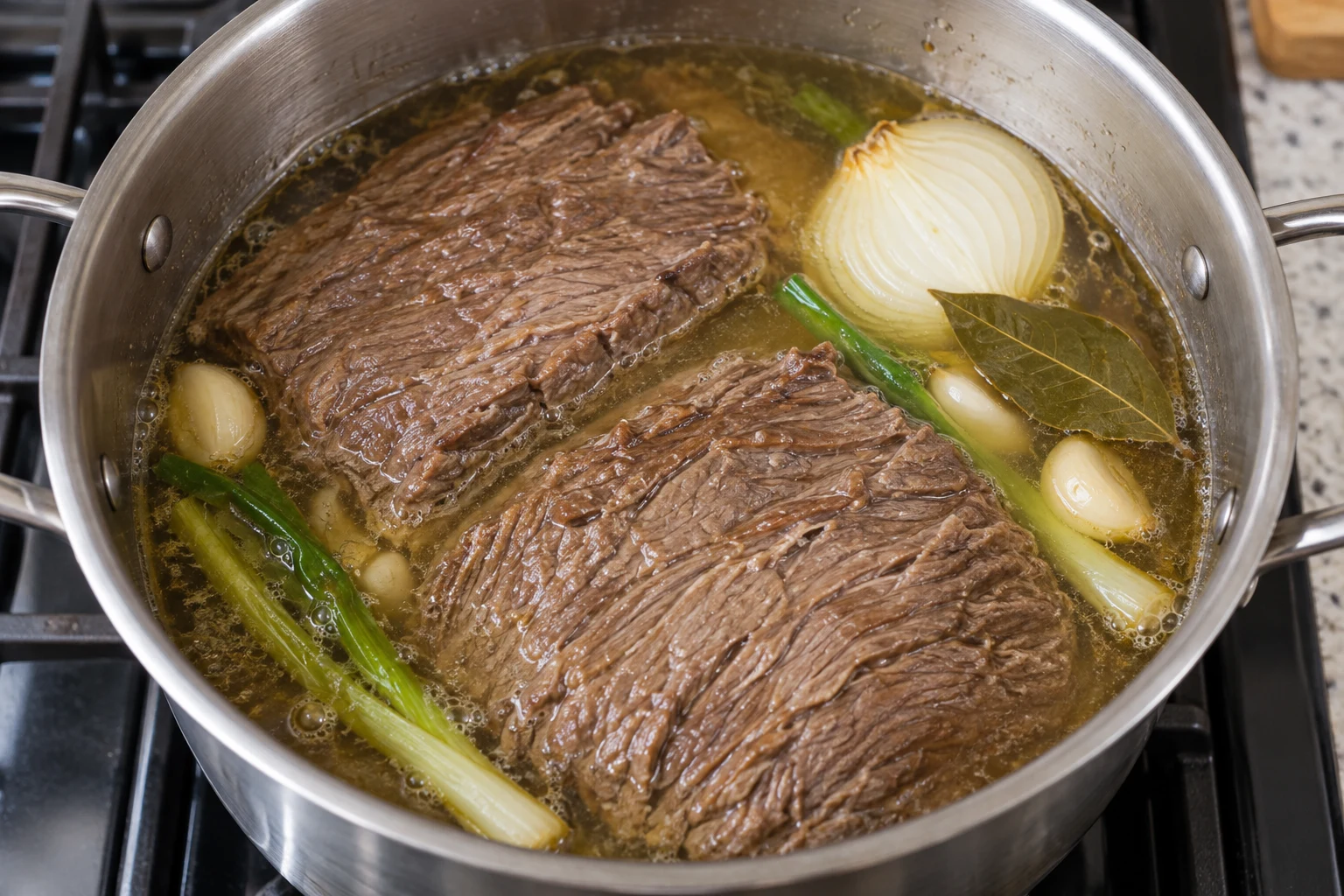Broad cooked flank beef pieces gently simmering with onion, garlic and a bay leaf in an ordinary pot.