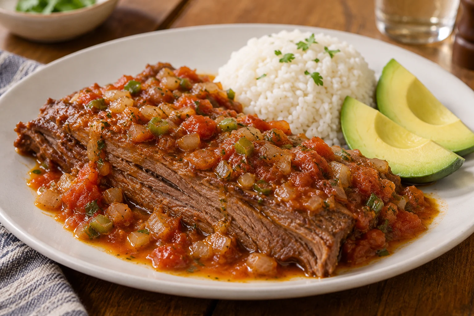 Tender broad portion of beef in chunky tomato and onion sauce with rice and avocado.