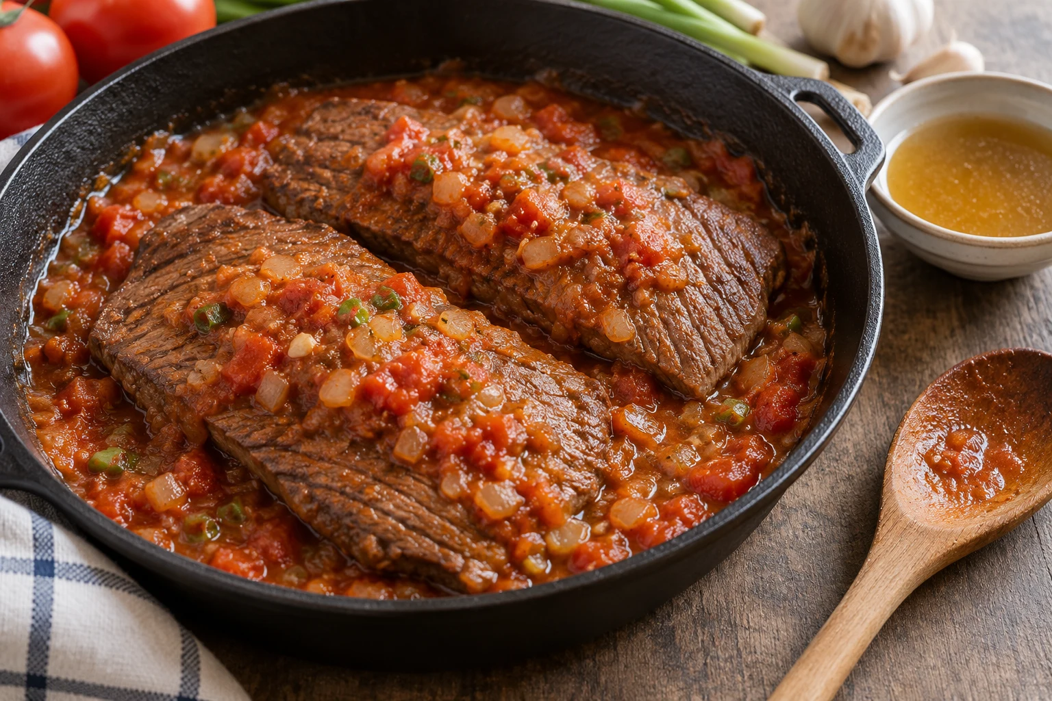 Two cooked beef portions in thick tomato and onion sauce, with a small bowl of broth beside the skillet.