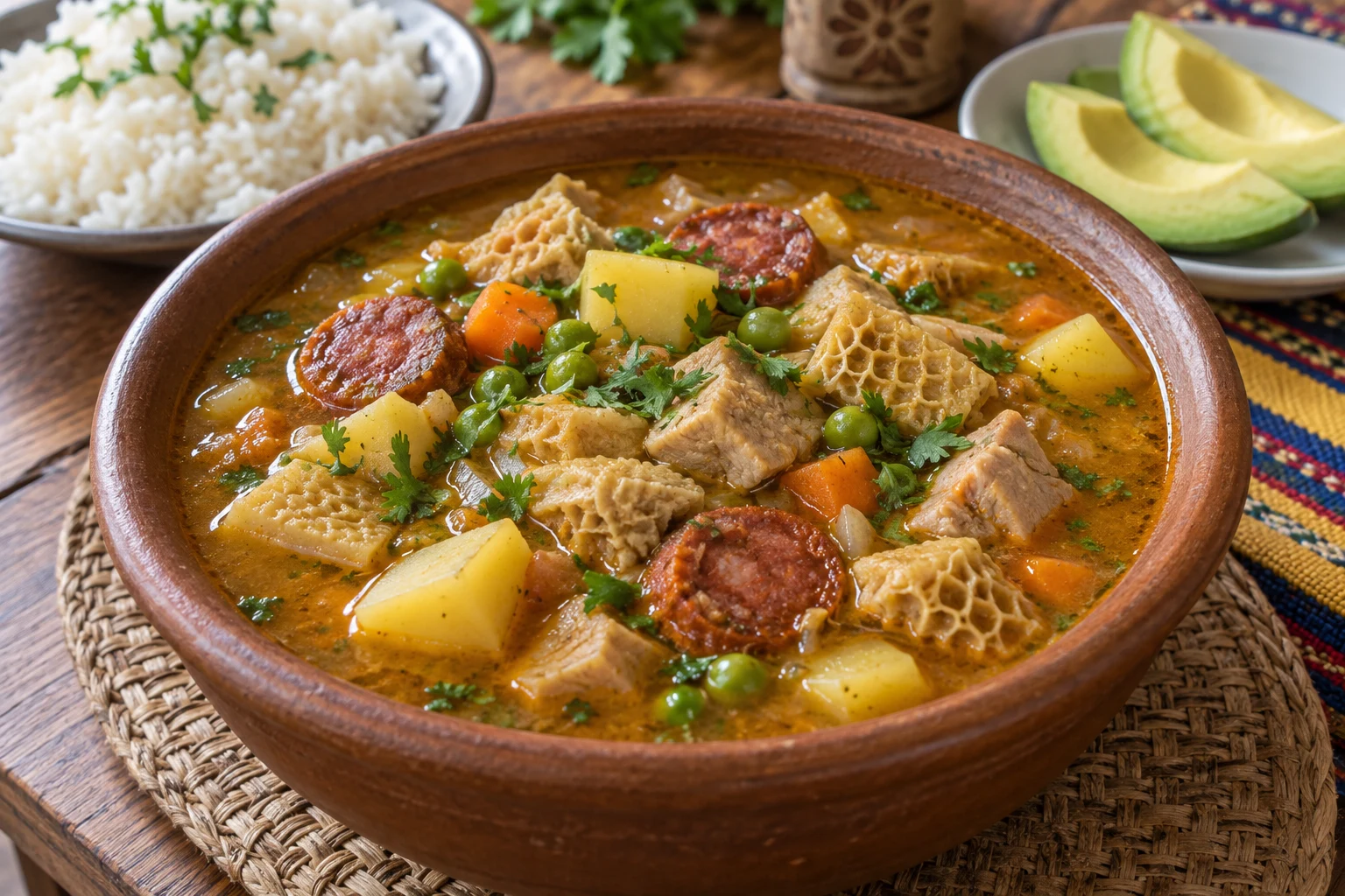 Colombian mondongo with honeycomb tripe, pork, chorizo, potatoes, carrots and peas in tomato-colored broth