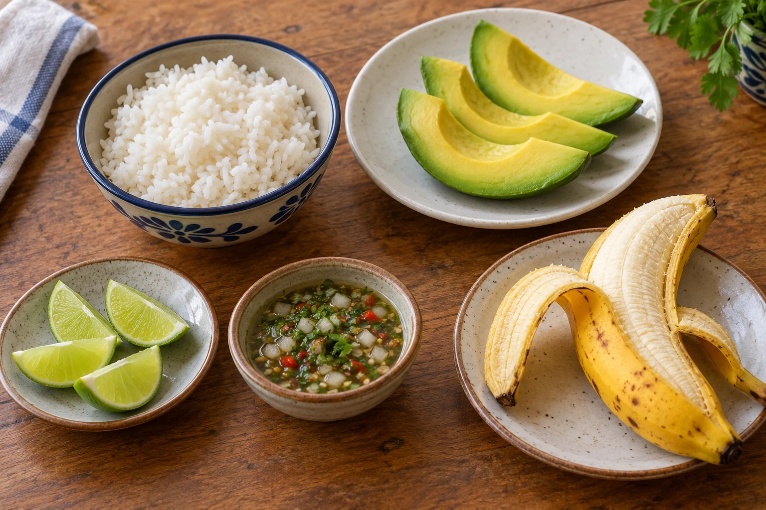 White rice, avocado, a ripe dessert banana, lime wedges and ají in separate dishes