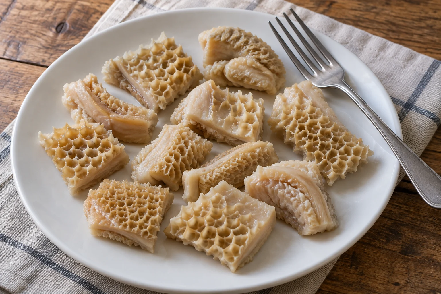 Tender cooked honeycomb tripe cut into irregular bite-sized pieces on a plate
