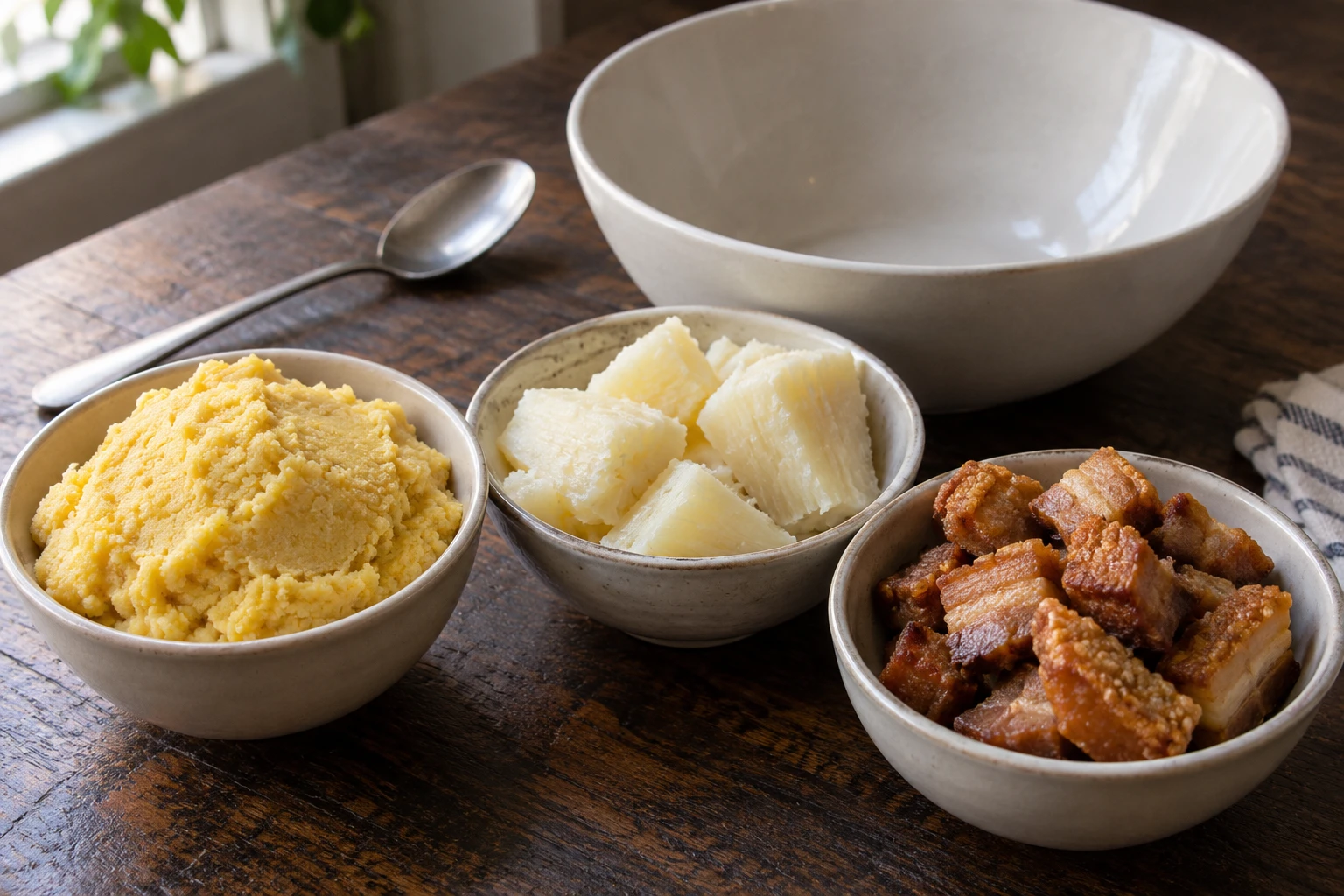 Separate bowls of ground cooked yellow corn, boiled cassava and cooked pork cracklings beside a mixing bowl.