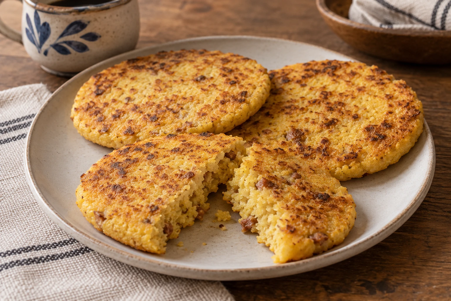 Golden Santander corn arepas with pork flecks, one broken to reveal a dense yellow interior.