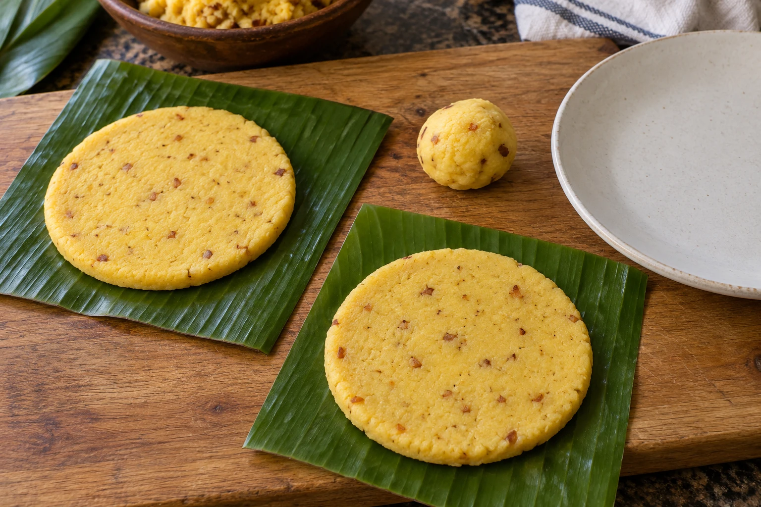 Two uncooked formed yellow arepa discs on banana leaves beside a ball of the same pork-flecked dough.