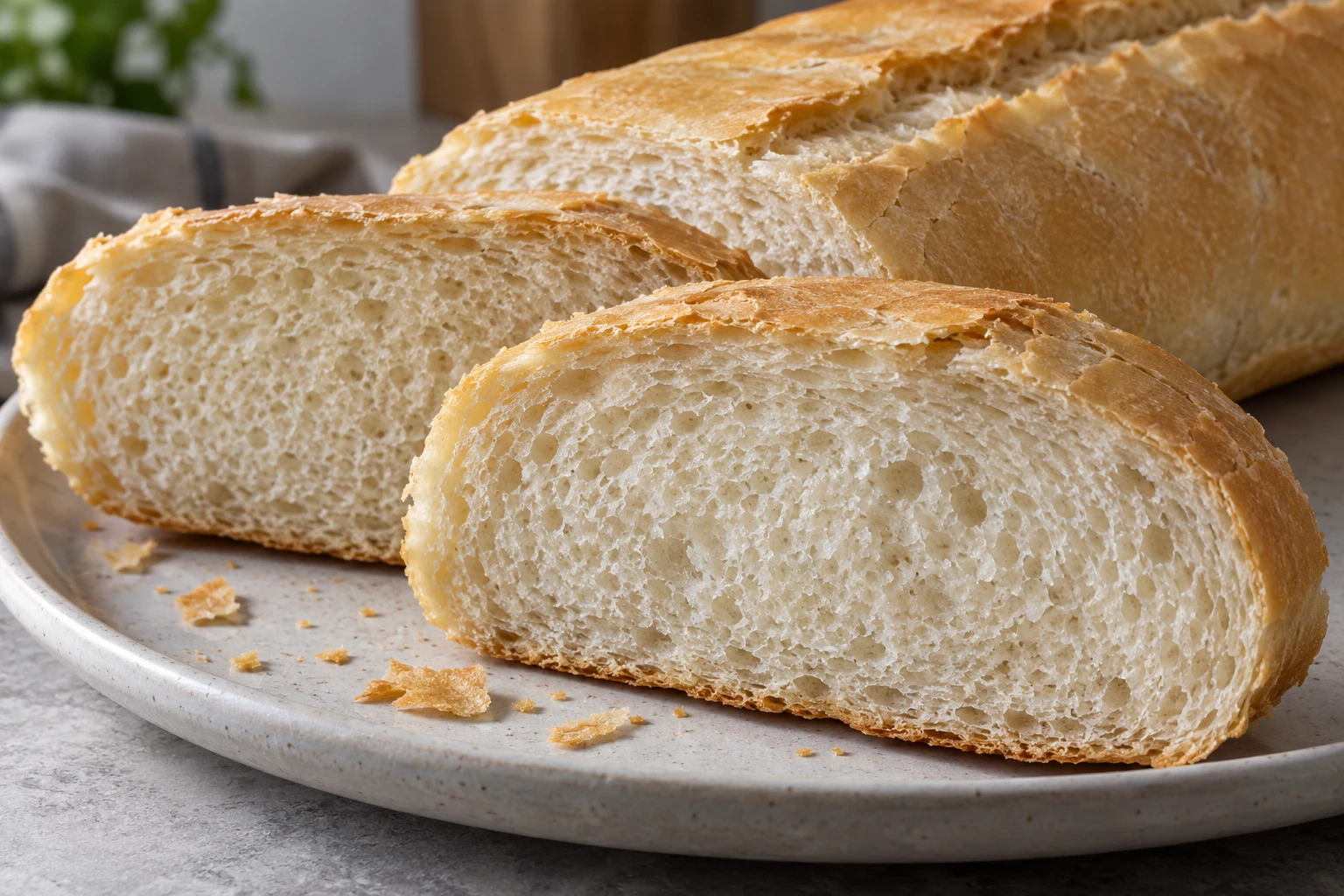Two thick slices of Cuban bread showing small airy pores and a thin flaky golden crust
