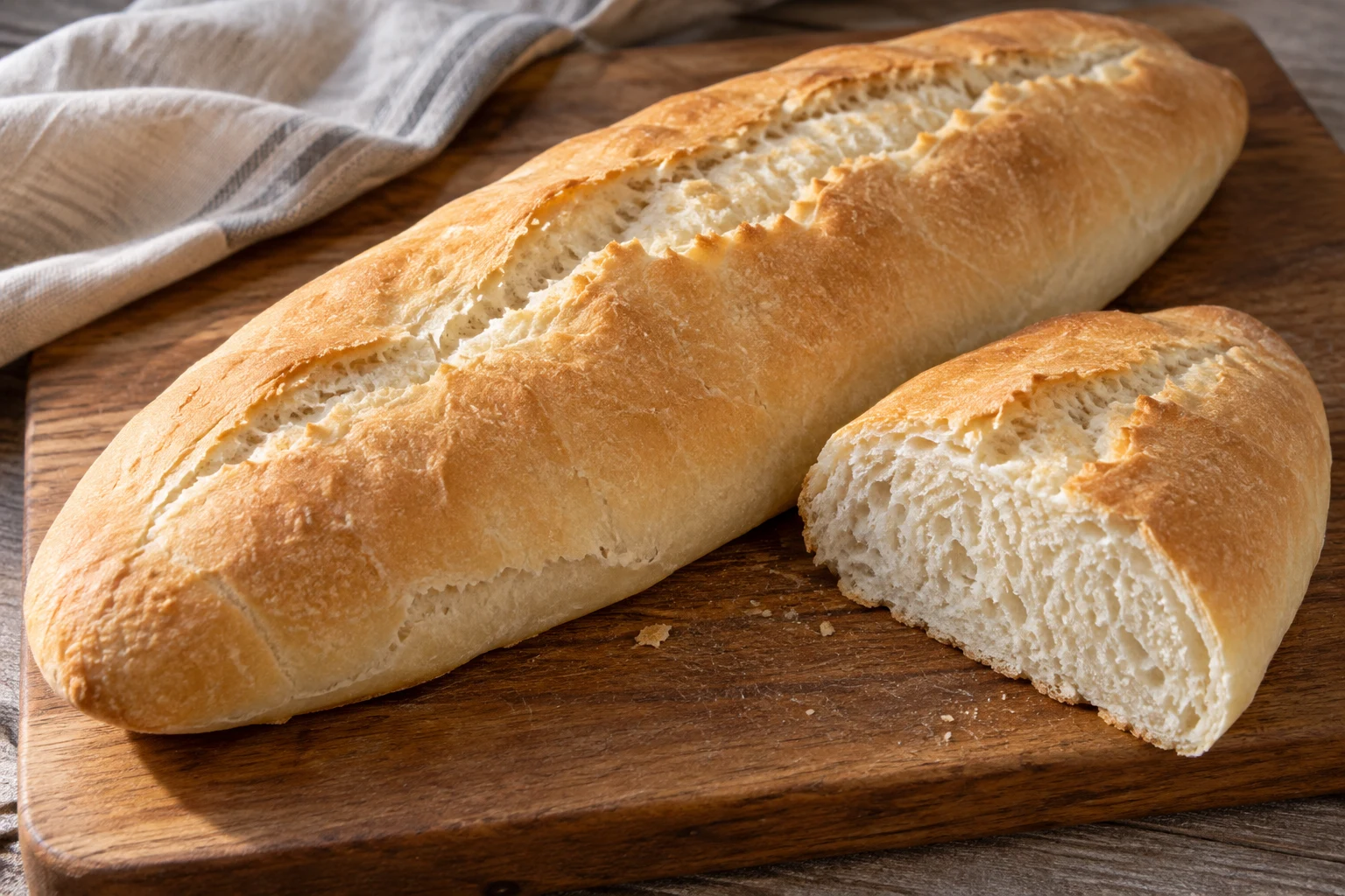 Long pale golden Cuban bread with a single lengthwise split beside a cut piece showing white crumb