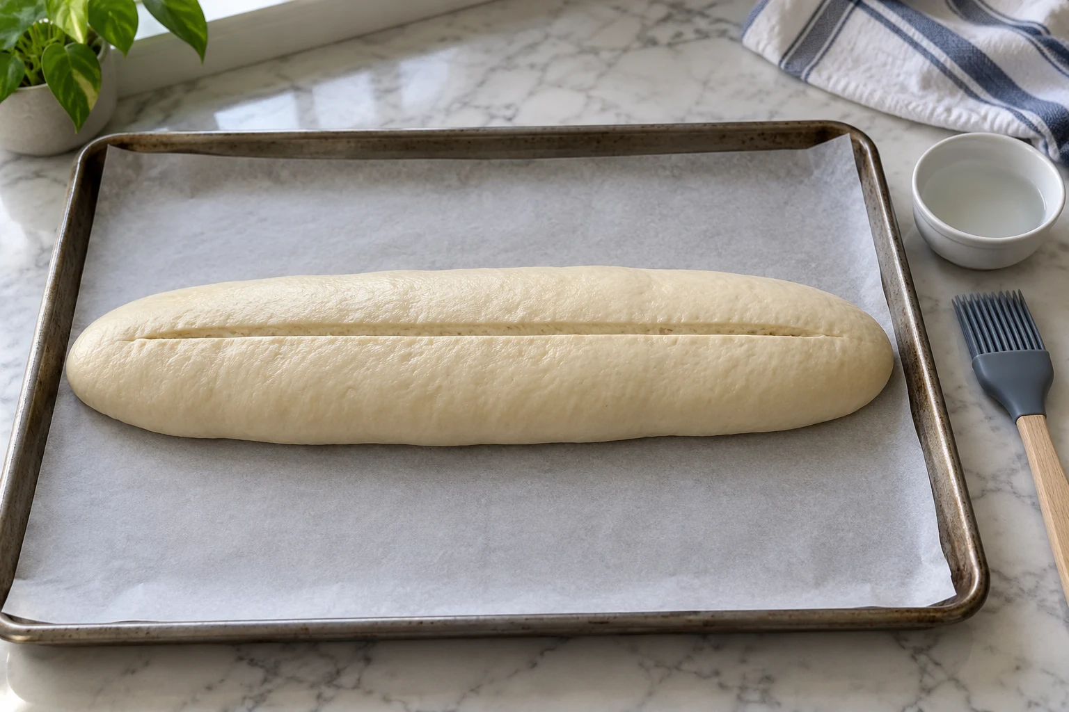 A pale proofed home bread loaf with a single lengthwise score on a parchment-lined baking sheet