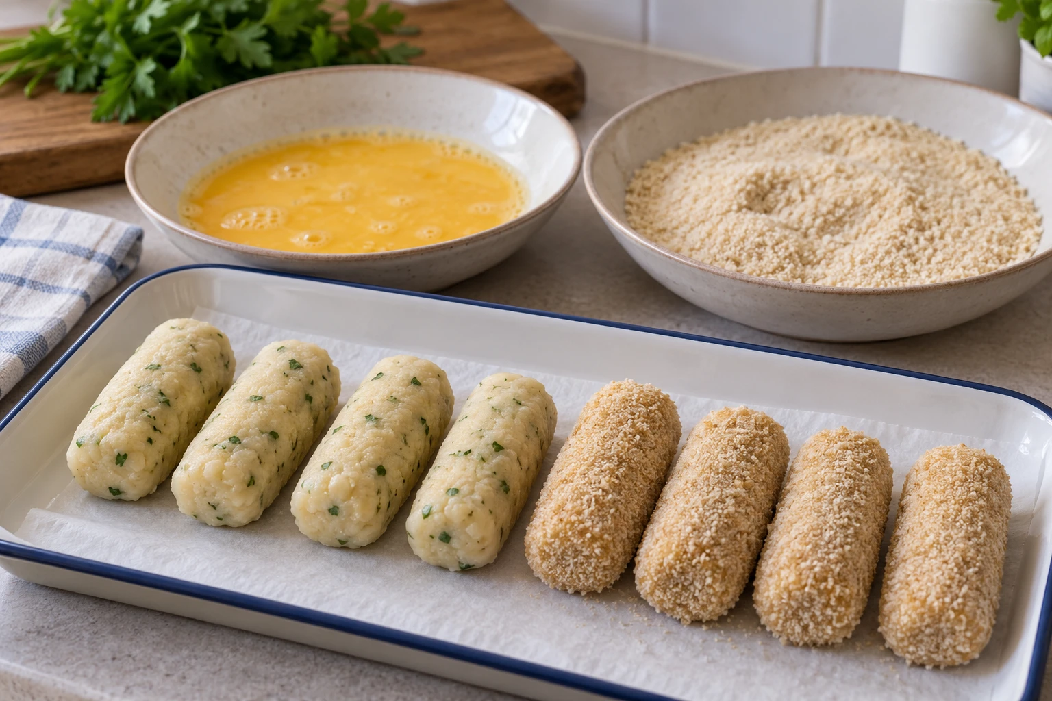 Small uncoated and breadcrumb-coated fish croquetas beside bowls of beaten egg and breadcrumbs.