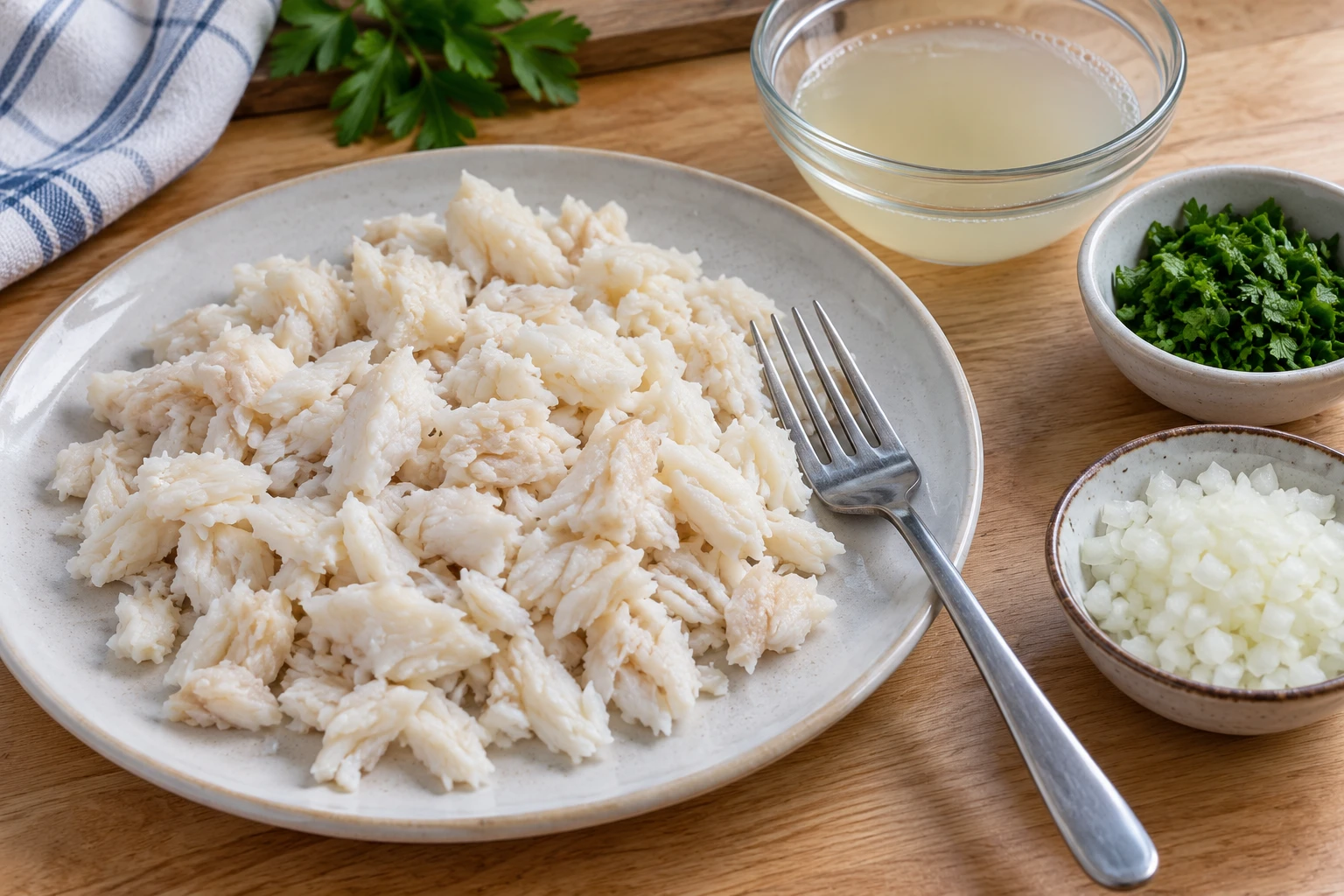 Flaked cooked white fish beside strained stock, chopped onion and parsley.