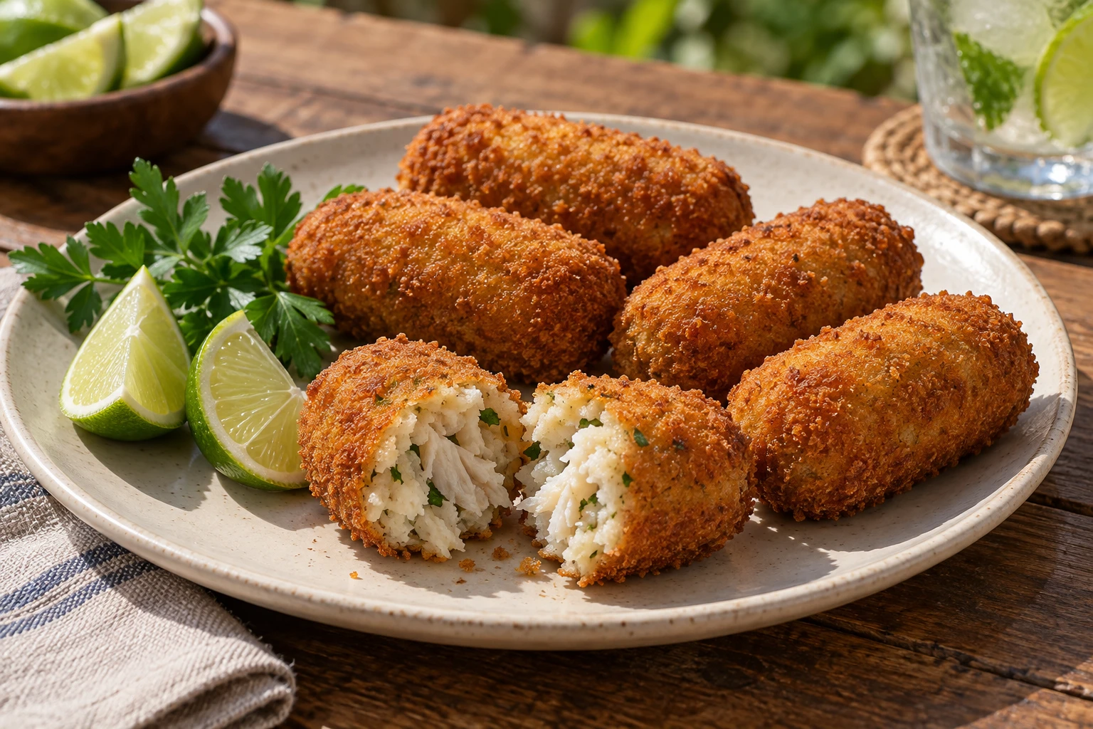 Golden cylindrical fish croquetas with a broken piece showing cooked white fish and parsley in the filling.