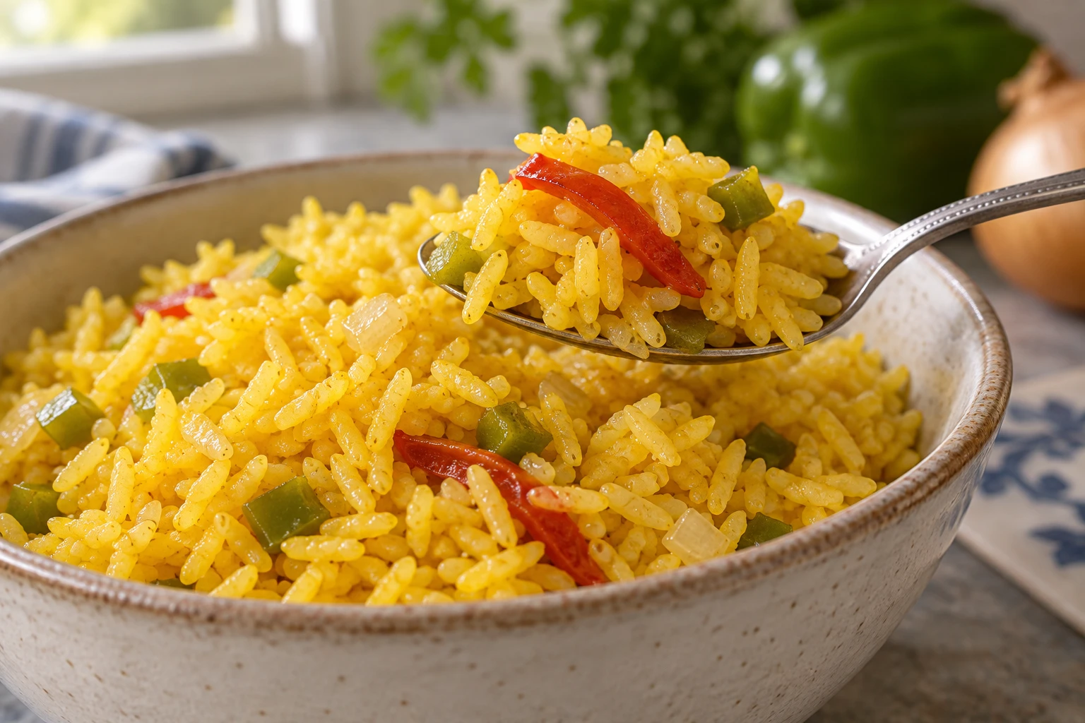 Spoonful of moist yellow rice with distinct grains and a red sweet pepper strip