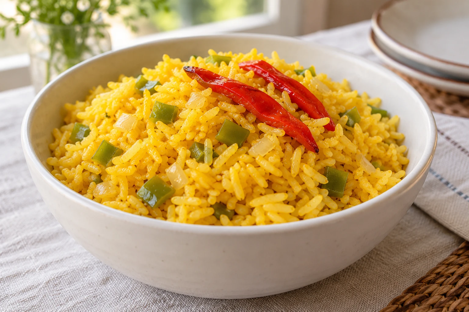 Bowl of golden yellow long-grain rice with softened green pepper and red pepper strips
